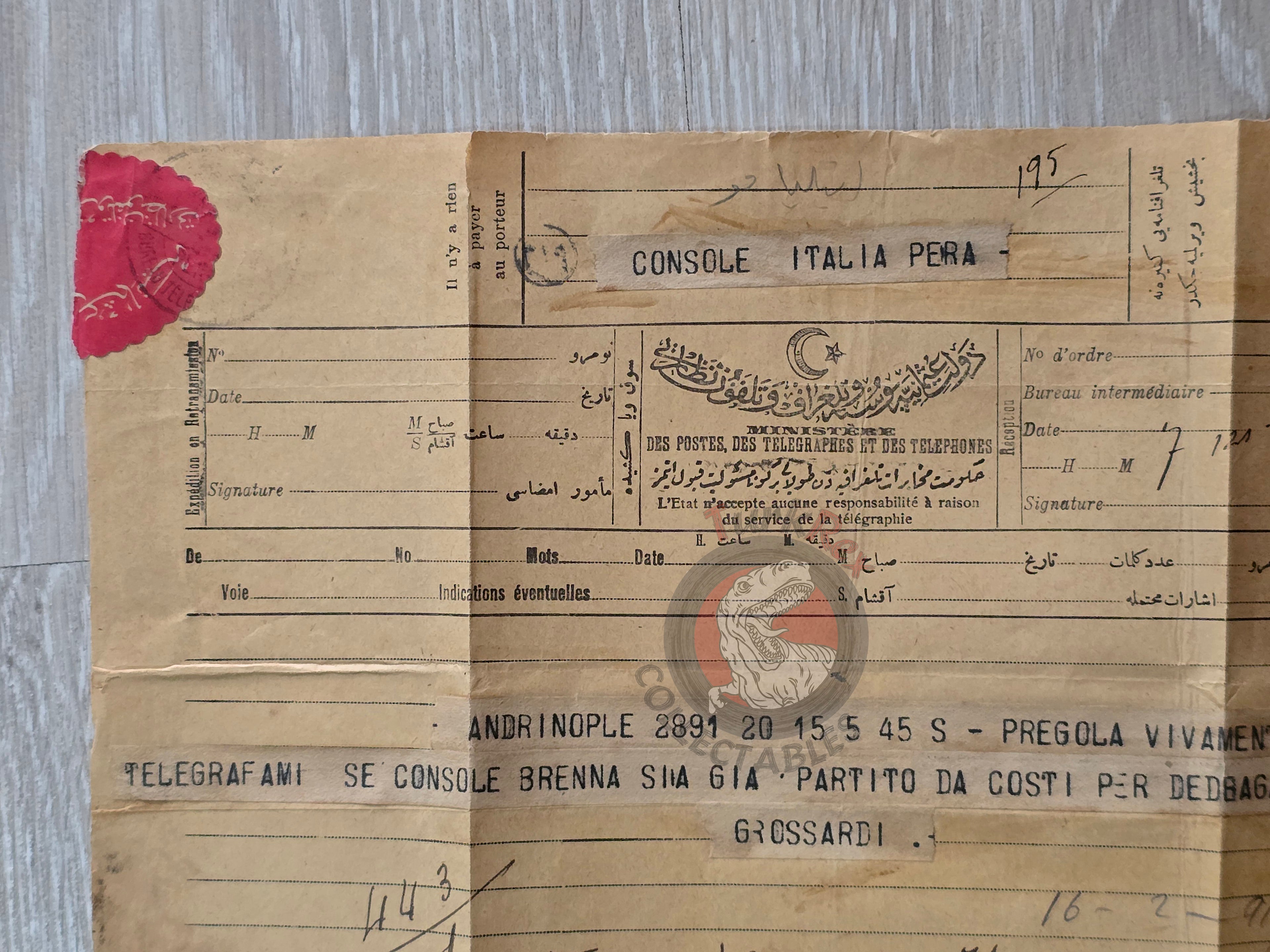 Ottoman Era Italian Diplomatic Telegram Consul Brenna Italian Consulate Italy Istanbul