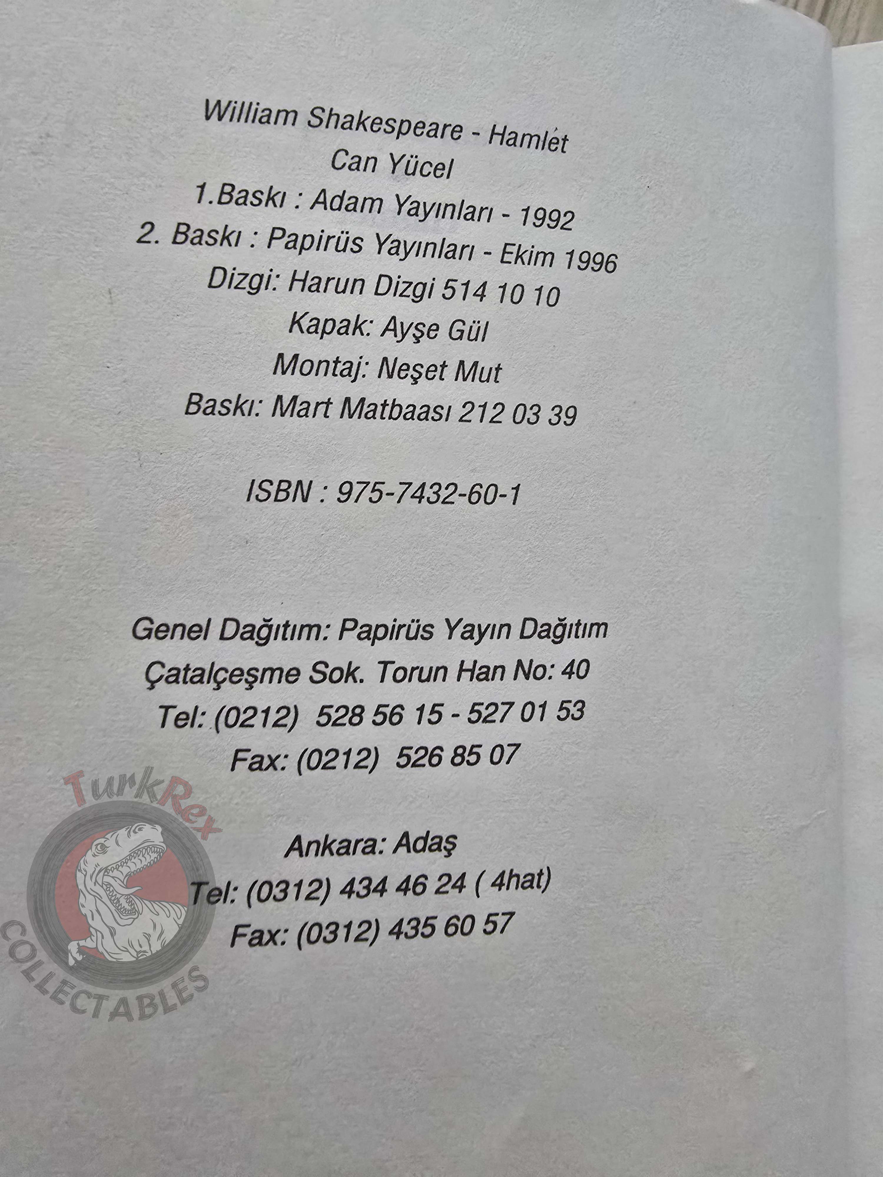 William Shakespeare – Hamlet 1996 Turkish Book Turkey
