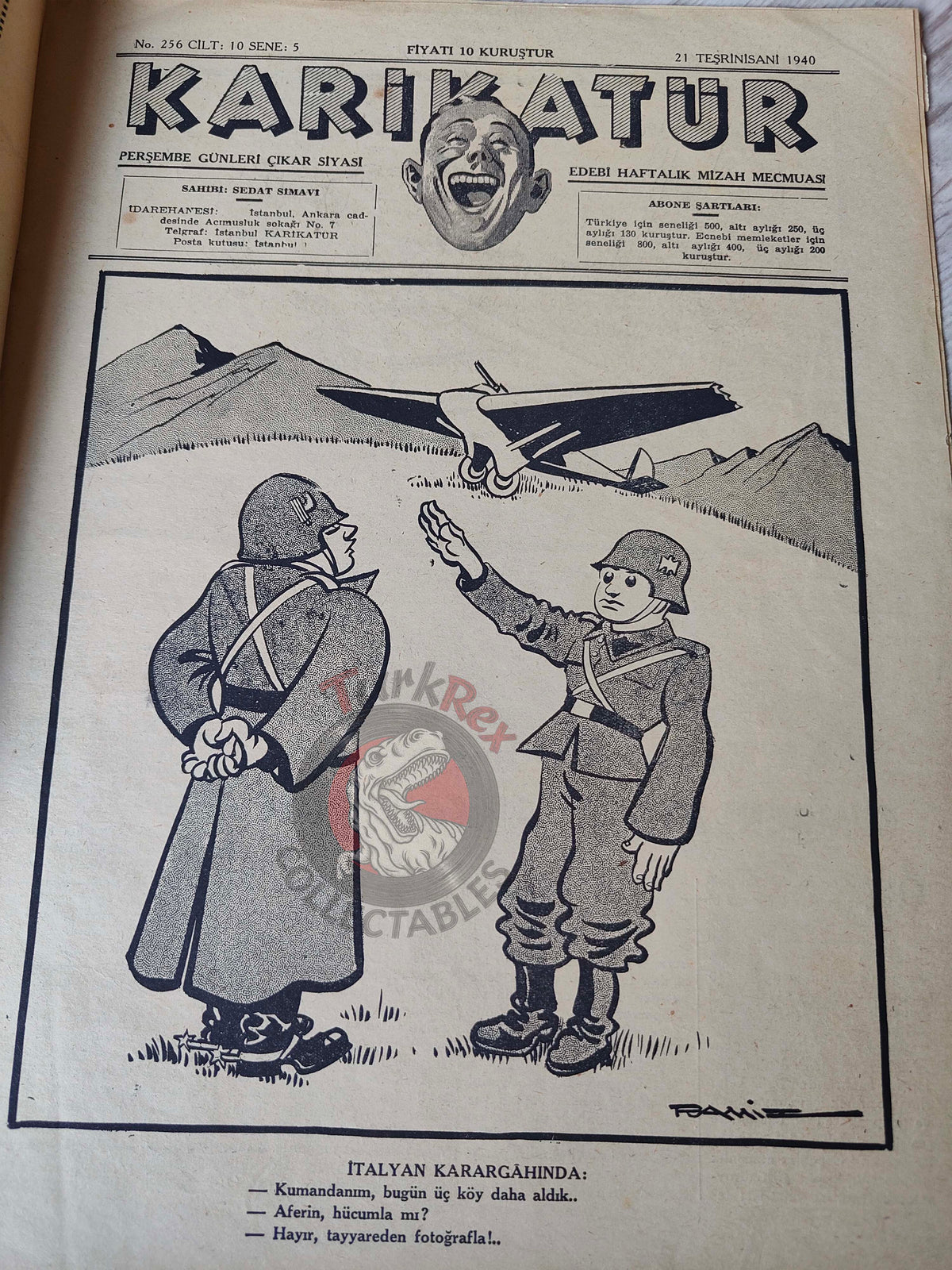 Karikatür 1940 Humor Magazine Turkish Turkey Mussolini Italy WW2 era War