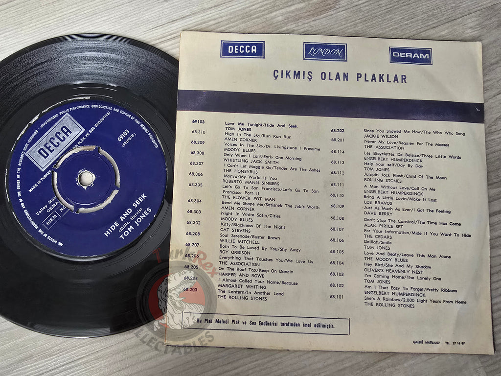 Tom Jones –  Love Me Tonight 7" Turkish Pressing Vinyl Turkey Edition