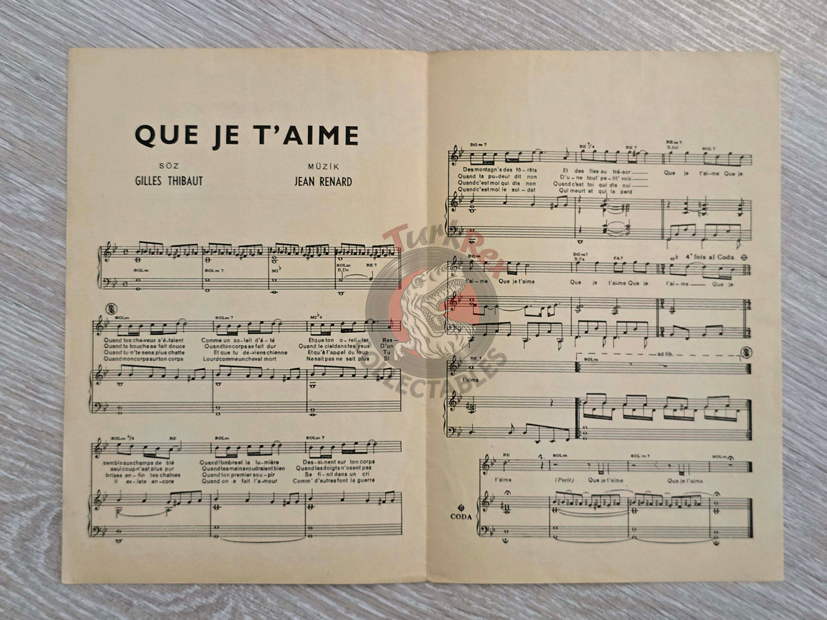 Johnny Hallyday – Que Je T’aime Turkish Vintage Musical Notes Sheet Turkey