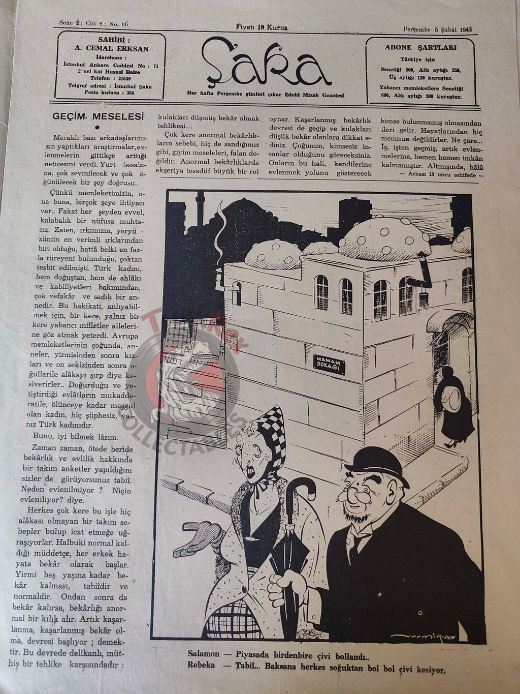 Şaka 1942 Humor Magazine Turkish Turkey Winter Pin-Up Cover WW2 era Singer Arlon