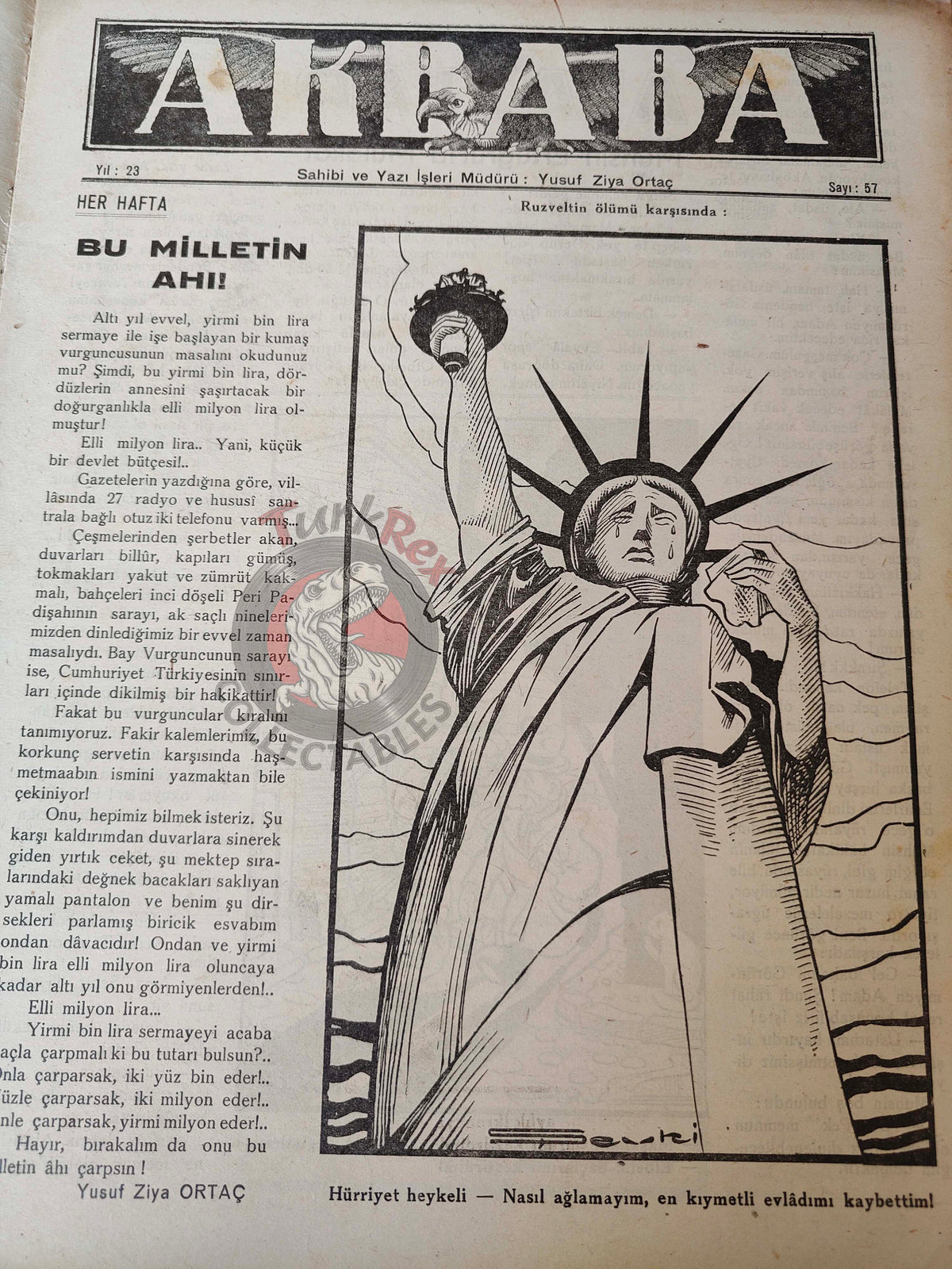 Akbaba 1945 Humor Magazine Turkish Turkey Germany Hitler’s Fate WW2 era Statue of Liberty United States
