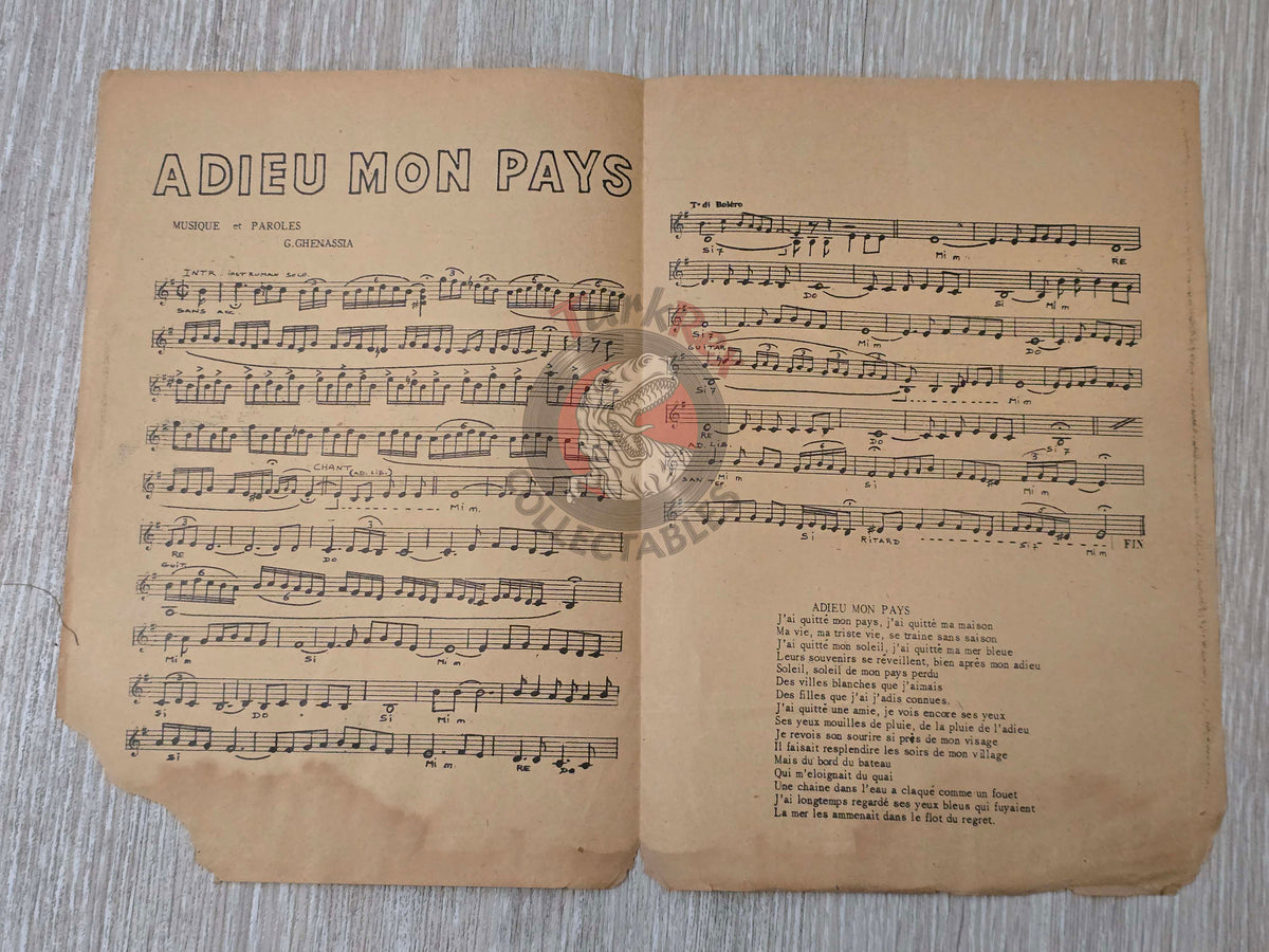 Enrico Macias – Adieu Mon Pays Turkish Vintage Musical Notes Sheet Turkey