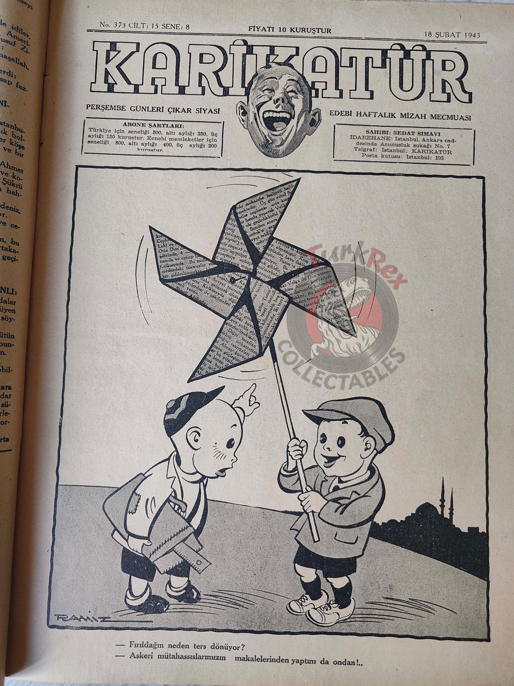 Karikatür 1943 Humor Magazine Turkish Turkey Japan Pacific United States WW2 era China