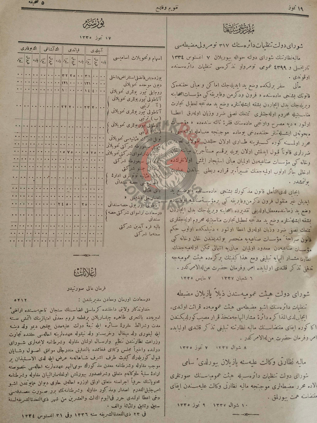 Takvim-i Vekayi Official Ottoman Gazette 19 July 1919 Empire No 3601