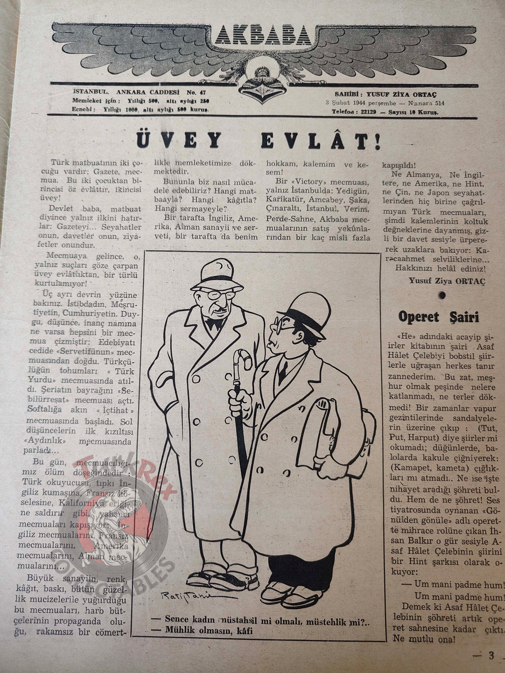 Akbaba 1944 Humor Magazine Turkish Turkey Germany WW2 era Soviet Russia Britain United States