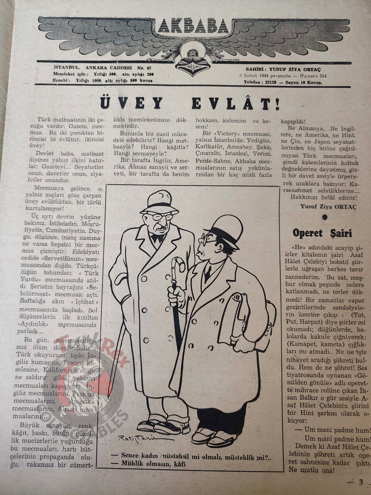 Akbaba 1944 Humor Magazine Turkish Turkey Germany WW2 era Soviet Russia Britain United States
