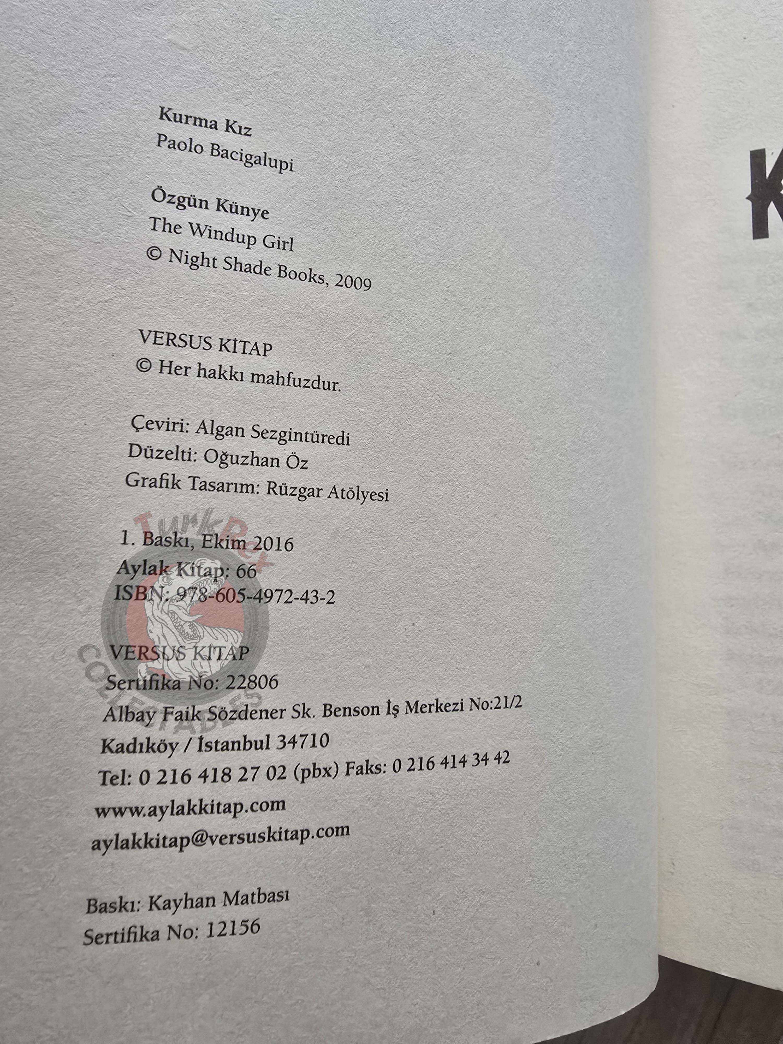Paolo Bacigalupi – The Windup Girl 2016 1st Turkish Book Turkey