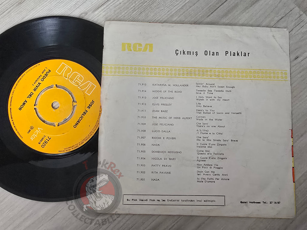 Jose Feliciano – Cenizas / Puedo Vivir Del Amor 7" Turkish Pressing Vinyl Turkey Edition