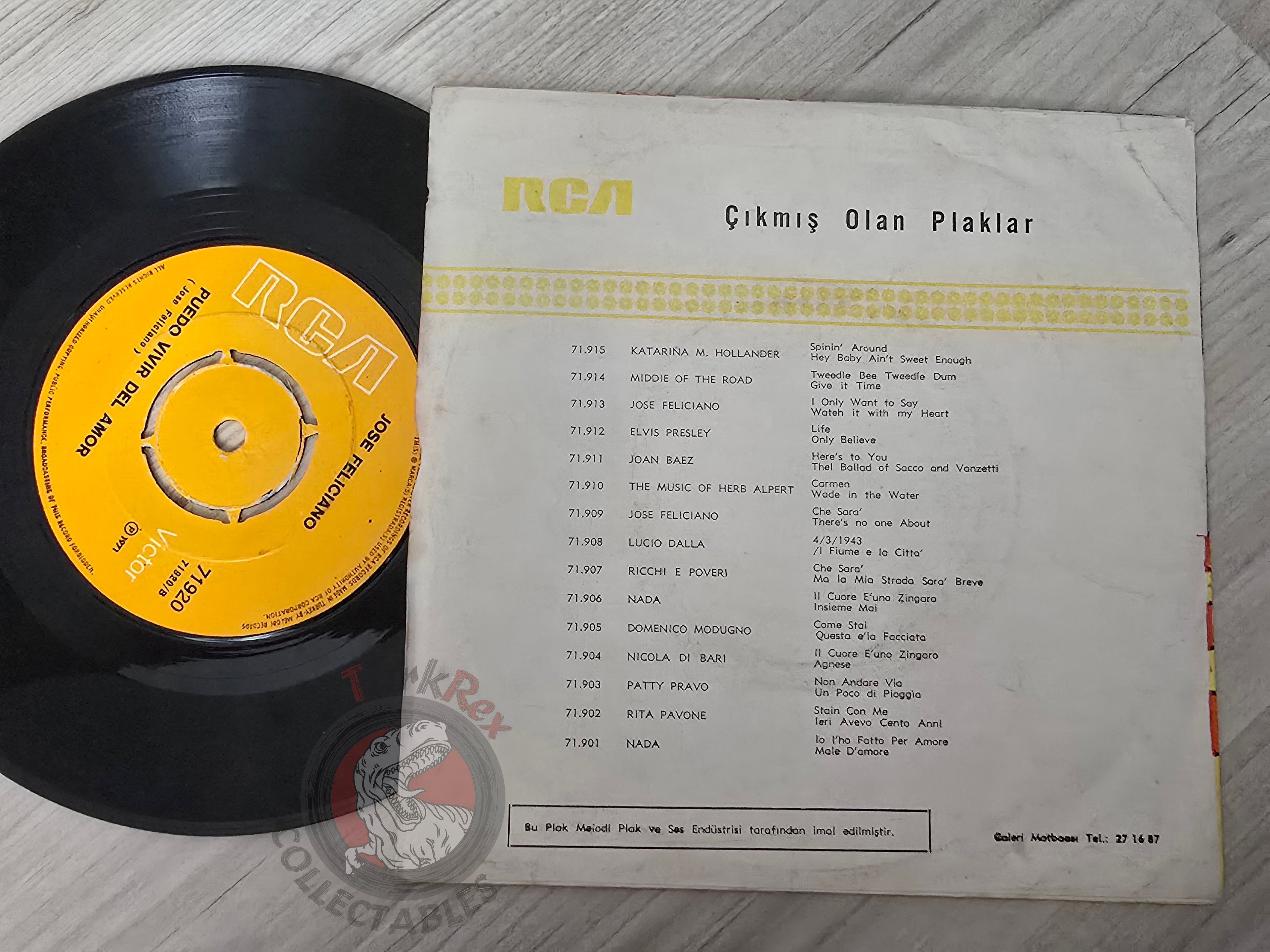 Jose Feliciano – Cenizas / Puedo Vivir Del Amor 7" Turkish Pressing Vinyl Turkey Edition