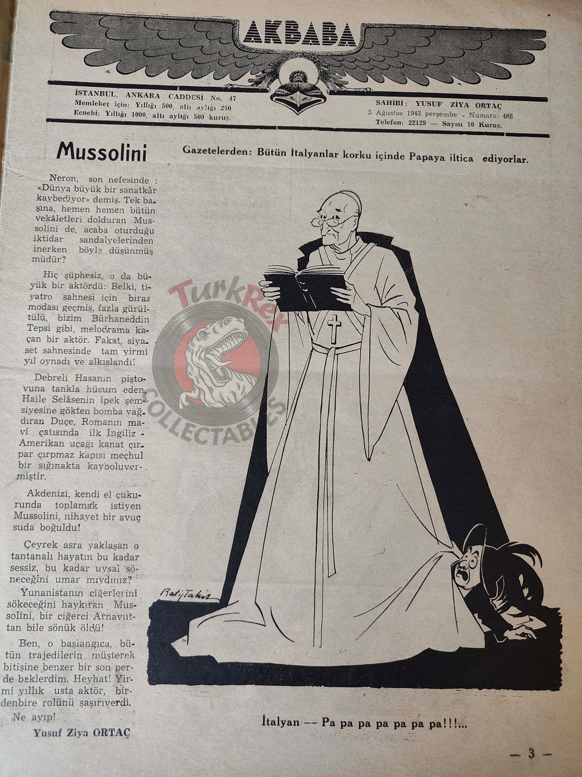 Akbaba 1943 Humor Magazine Turkish Turkey Italy Britain WW2 era Mussolini Germany Pope