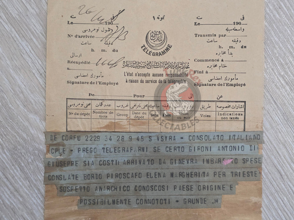 Ottoman 1908 Italian Consular Telegraph Concerning an Anarchist Suspect Corfu Antonio Gironi