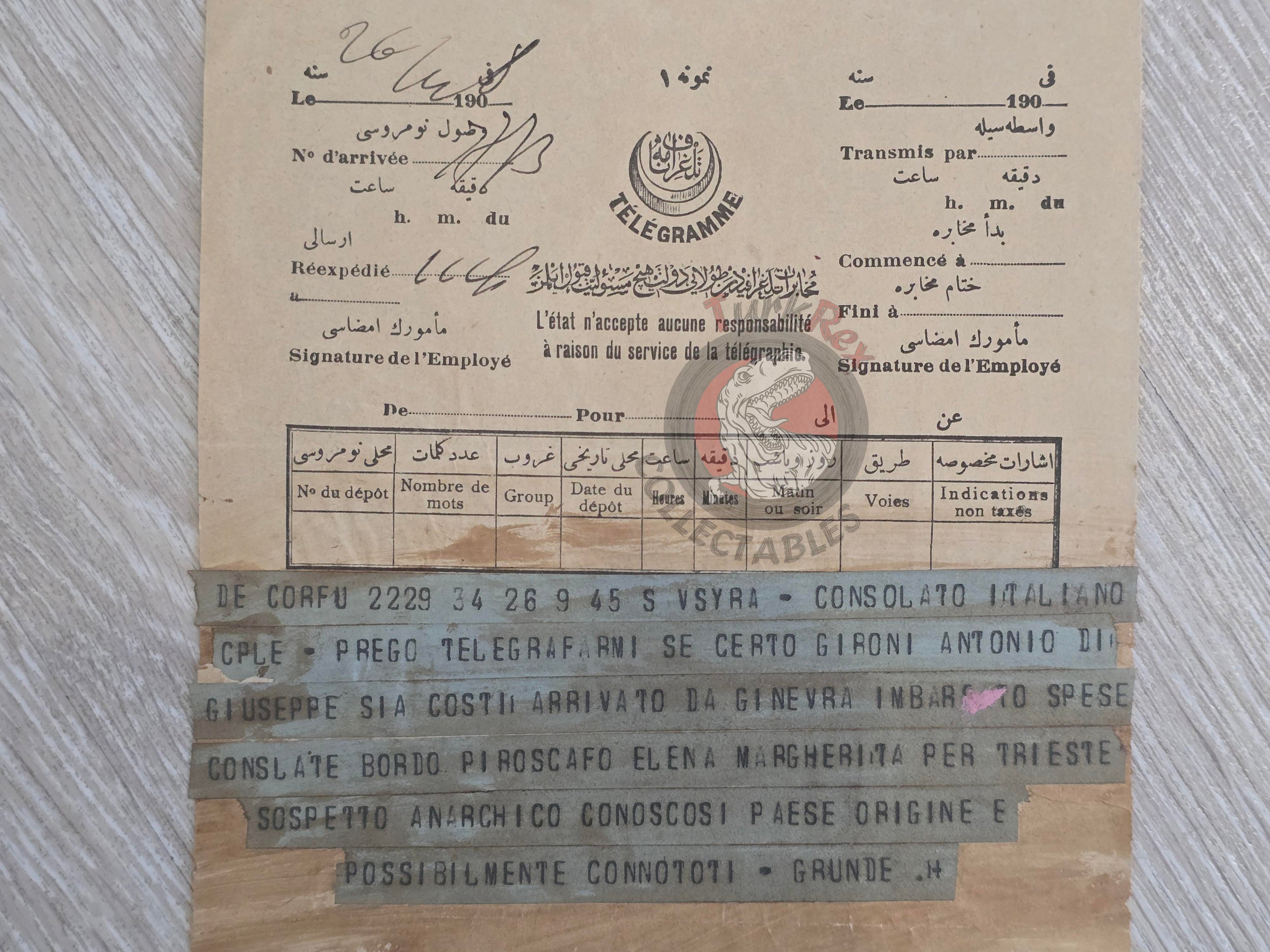 Ottoman 1908 Italian Consular Telegraph Concerning an Anarchist Suspect Corfu Antonio Gironi