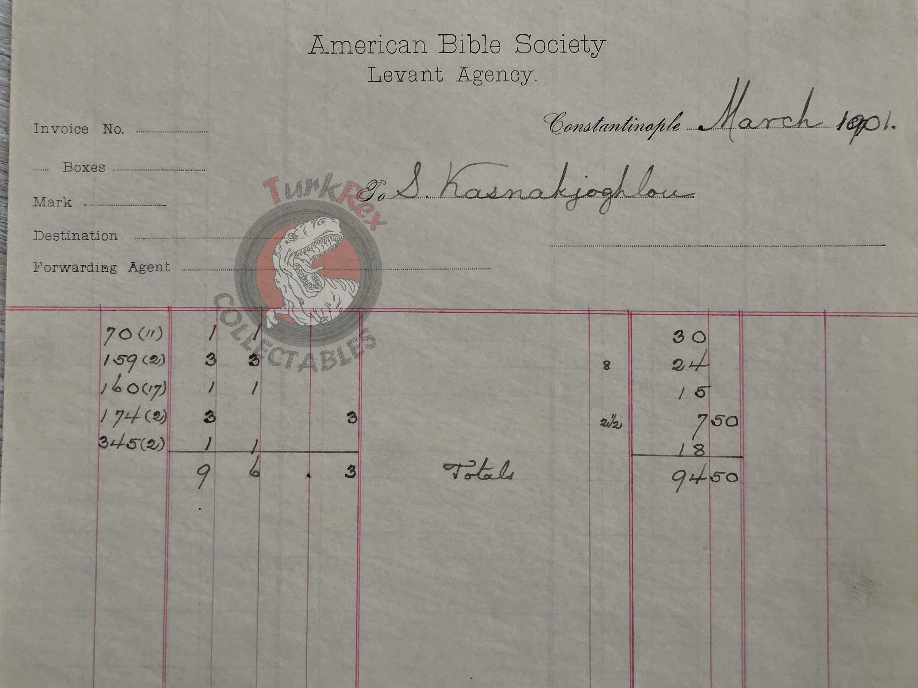 American Bible Society 1901 Kasnakjian Armenian Book Order Form Ottoman Empire Armenia 1