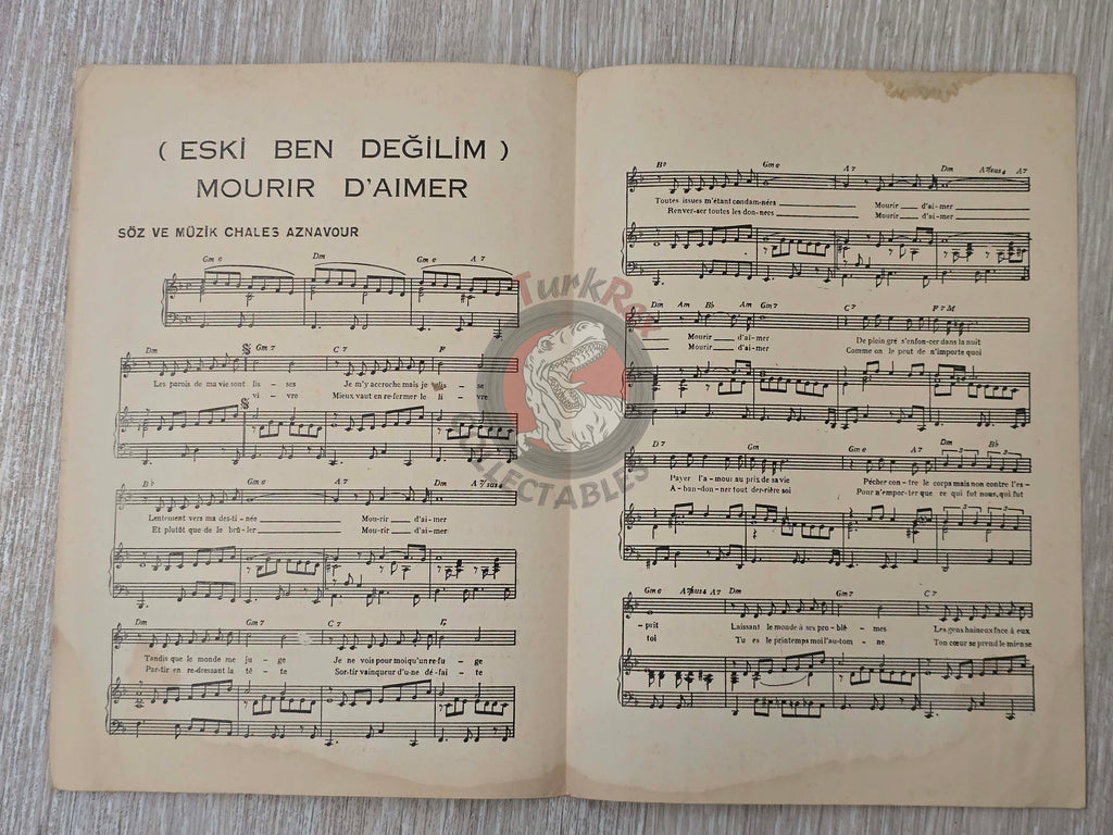 Charles Aznavour – Mourir d’Aimer Turkish Vintage Musical Notes Sheet Turkey