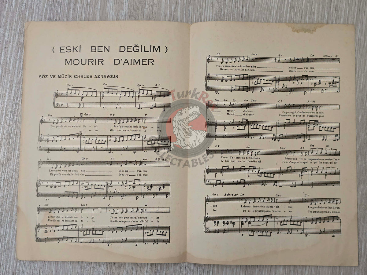 Charles Aznavour – Mourir d’Aimer Turkish Vintage Musical Notes Sheet Turkey