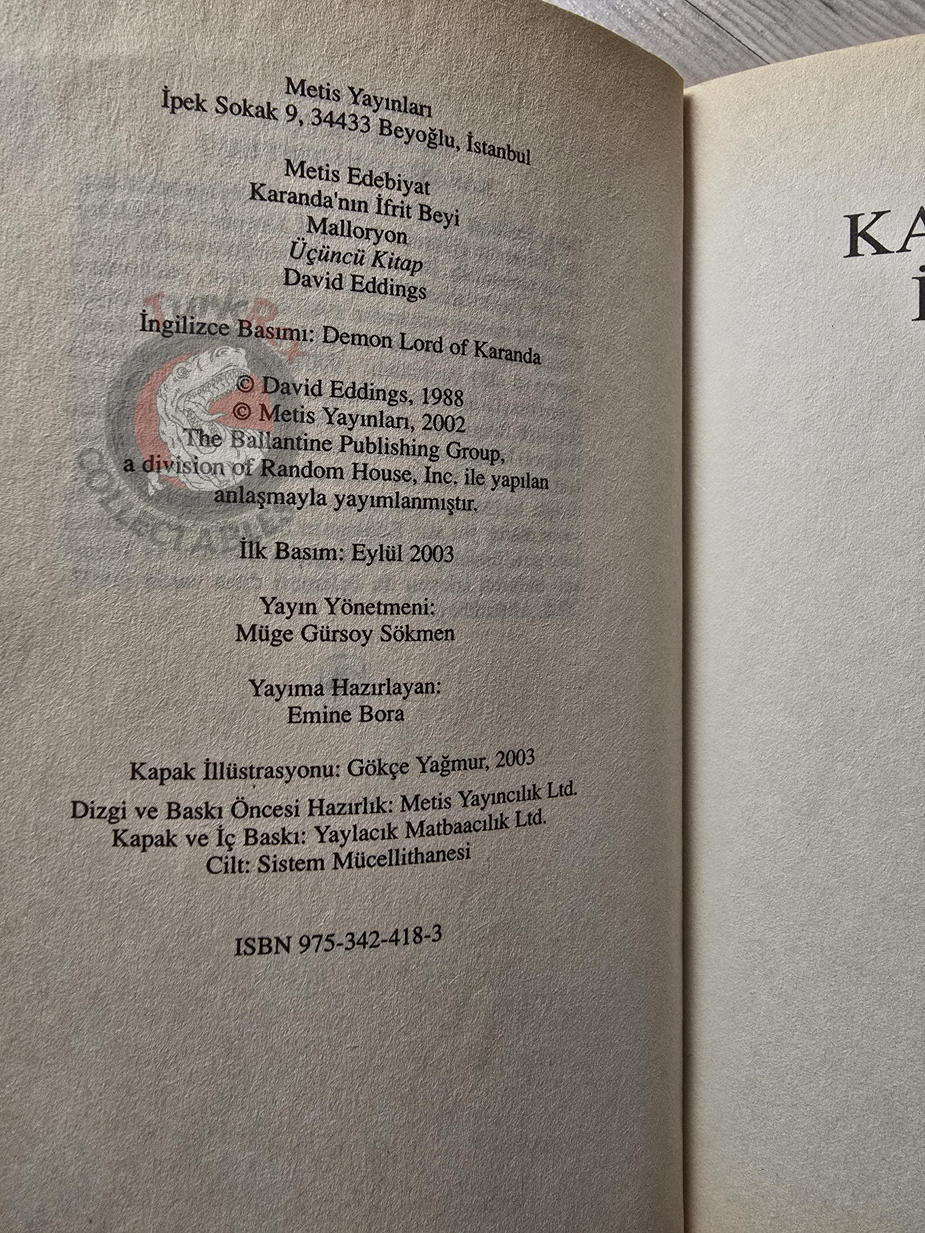 David Eddings – The Malloreon 3: Demon Lord of Karanda 2003 1st Turkish Book Turkey