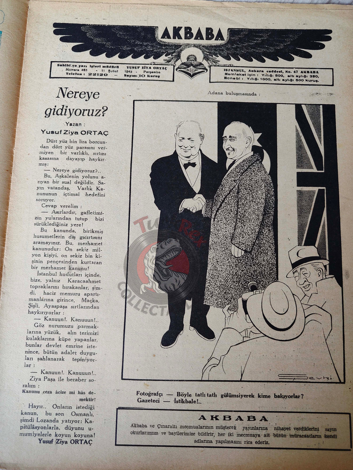 Akbaba 1943 Humor Magazine Turkish Turkey Germany Uncle Sam WW2 era Russia Churchill İnönü