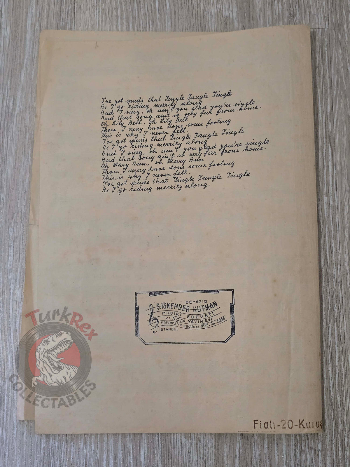 Jingle Jangle Jingle (I Got Spurs) Turkish Vintage Musical Notes Sheet Turkey Glamour Boy