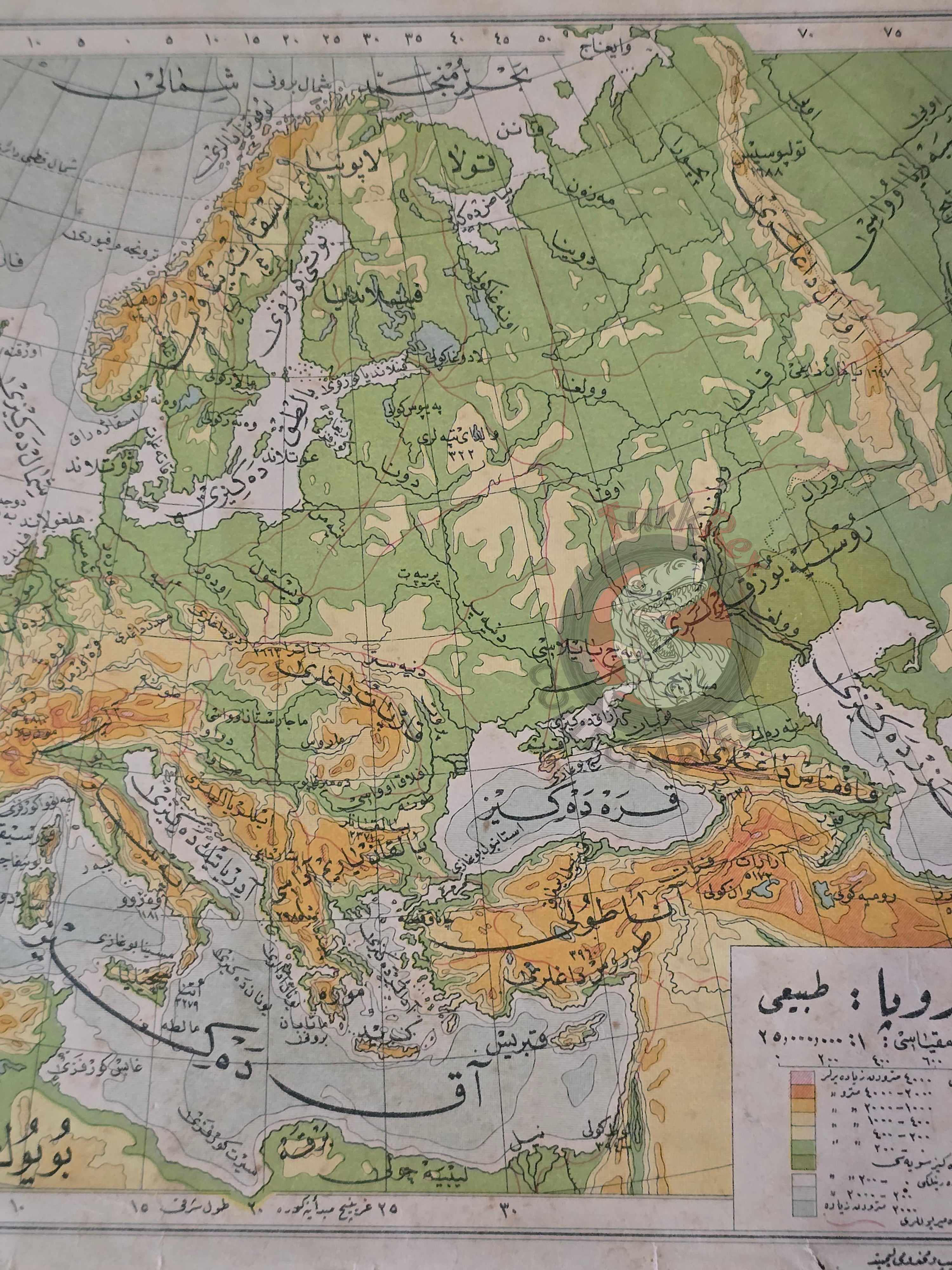 Europe Physical and Russia 1928 Ottoman Atlas Map Faik Sabri Middle East