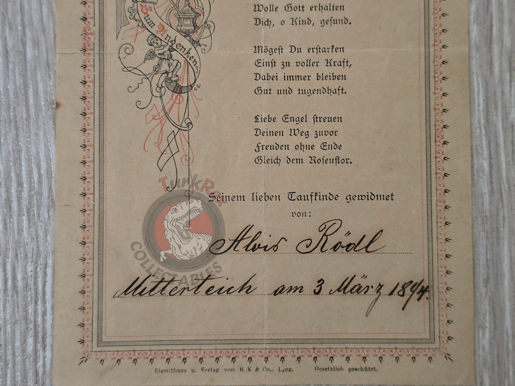 Antique 1894 Baptism Remembrance Memorial of Holy Baptism Bavaria Germany