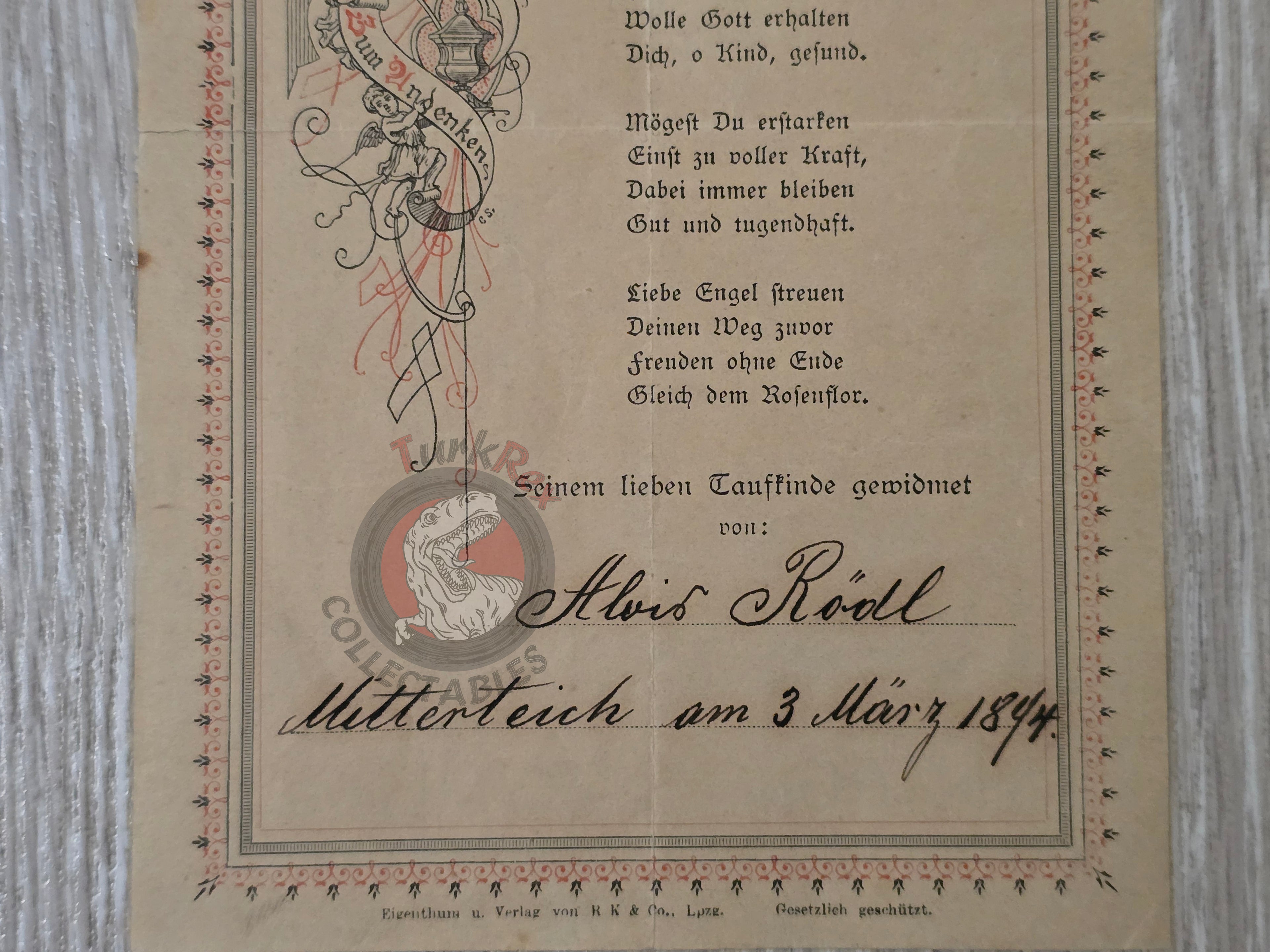Antique 1894 Baptism Remembrance Memorial of Holy Baptism Bavaria Germany