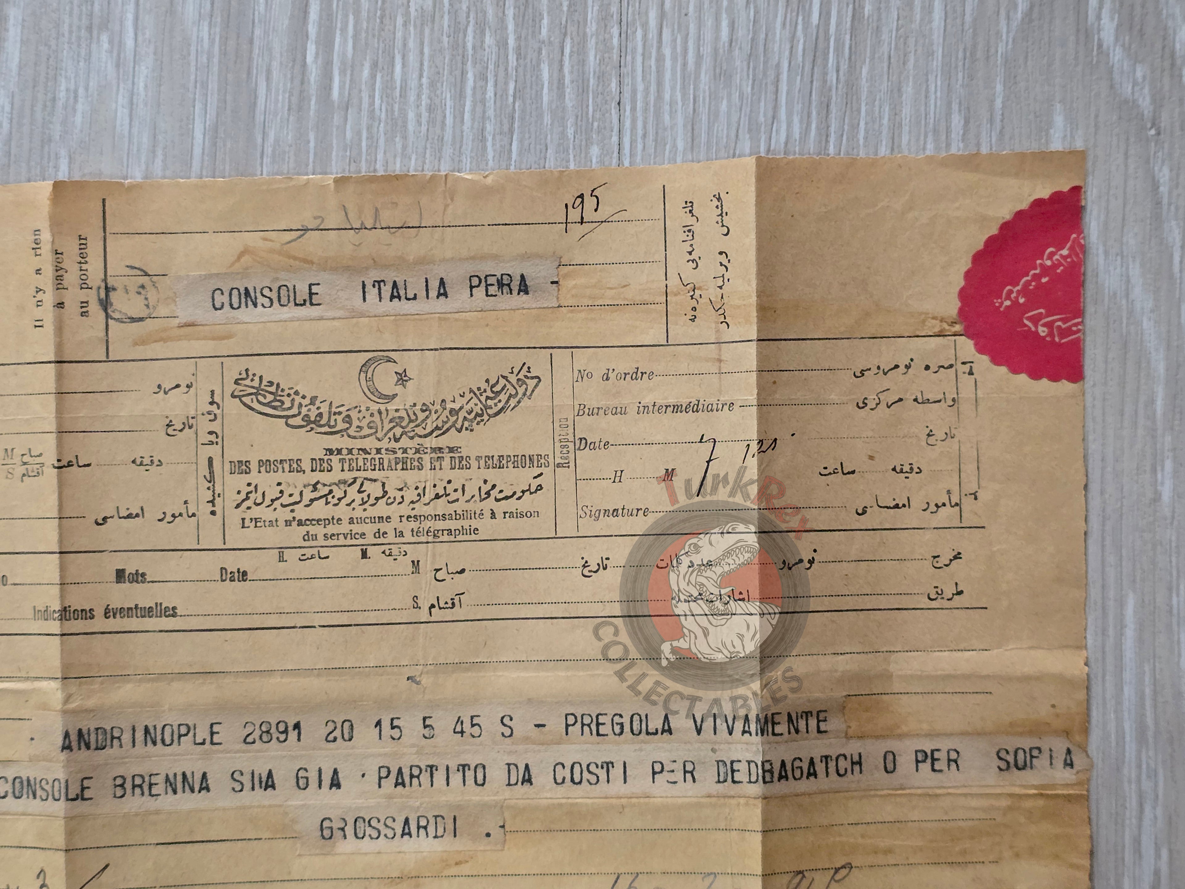 Ottoman Era Italian Diplomatic Telegram Consul Brenna Italian Consulate Italy Istanbul