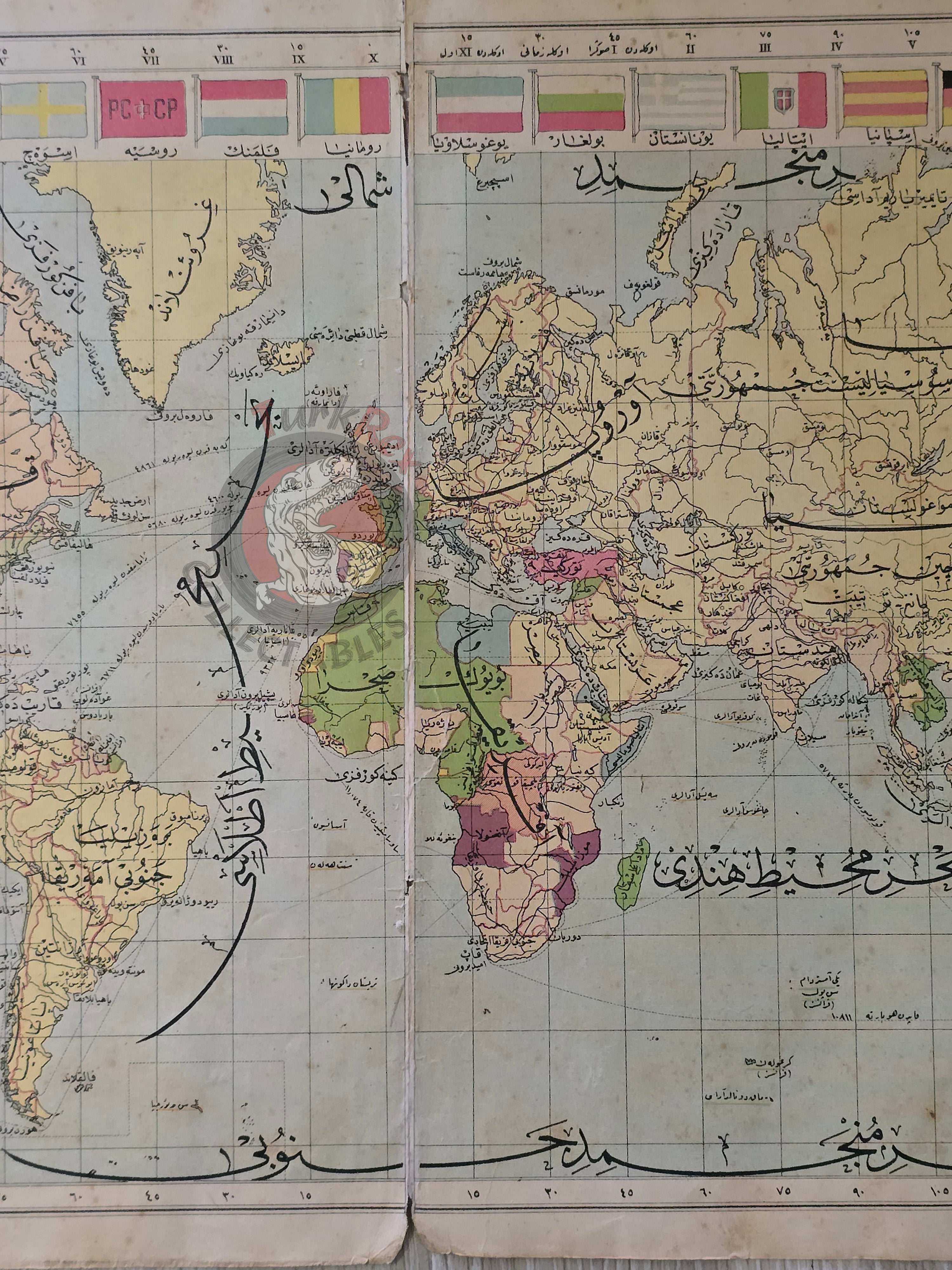 World Map Political Divisions with National Flags 1928 Ottoman Atlas Map Faik Sabri