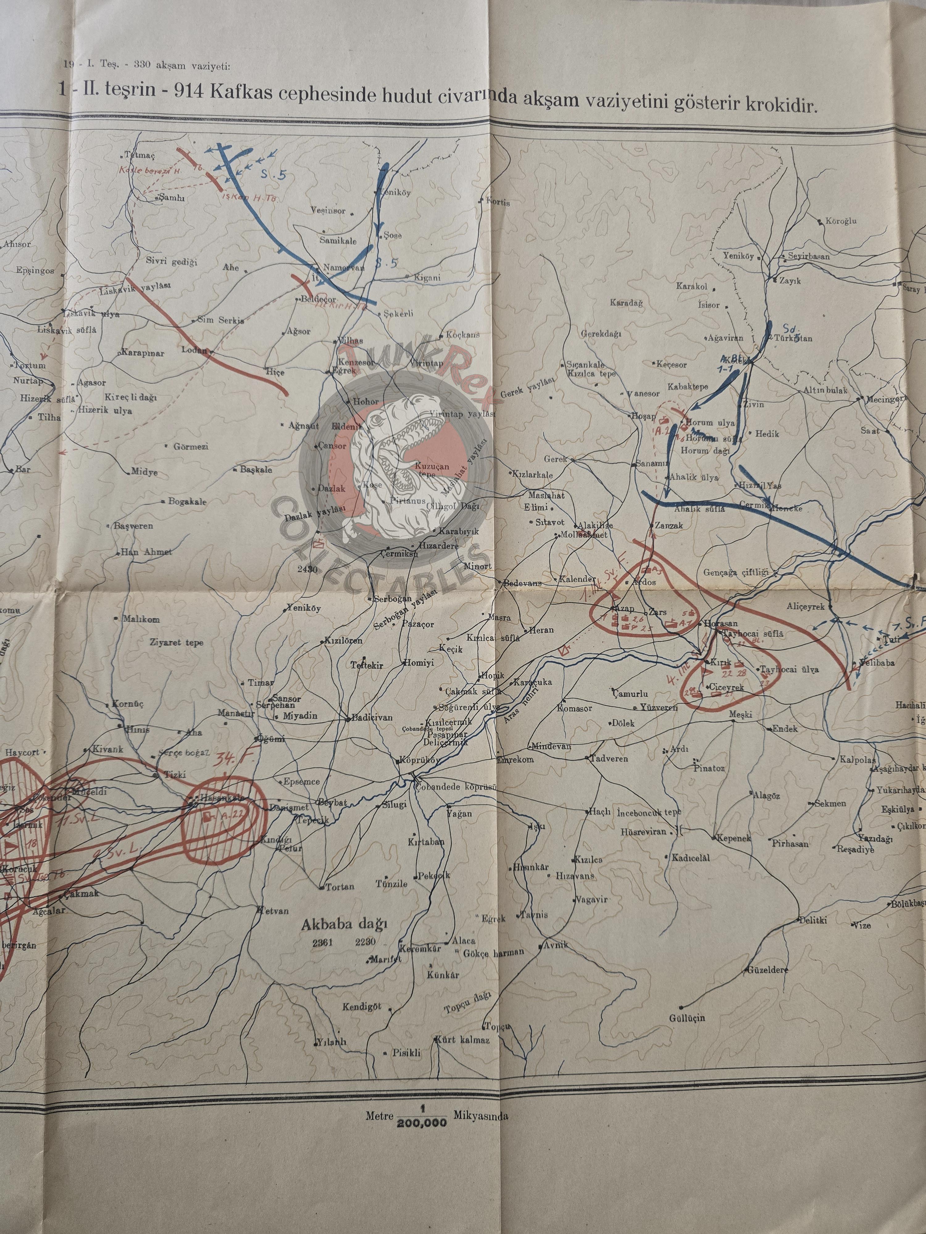 Caucasus Front in WWI November 1914 Ottoman Empire Military Map Russia Turkish 1932 Watermark