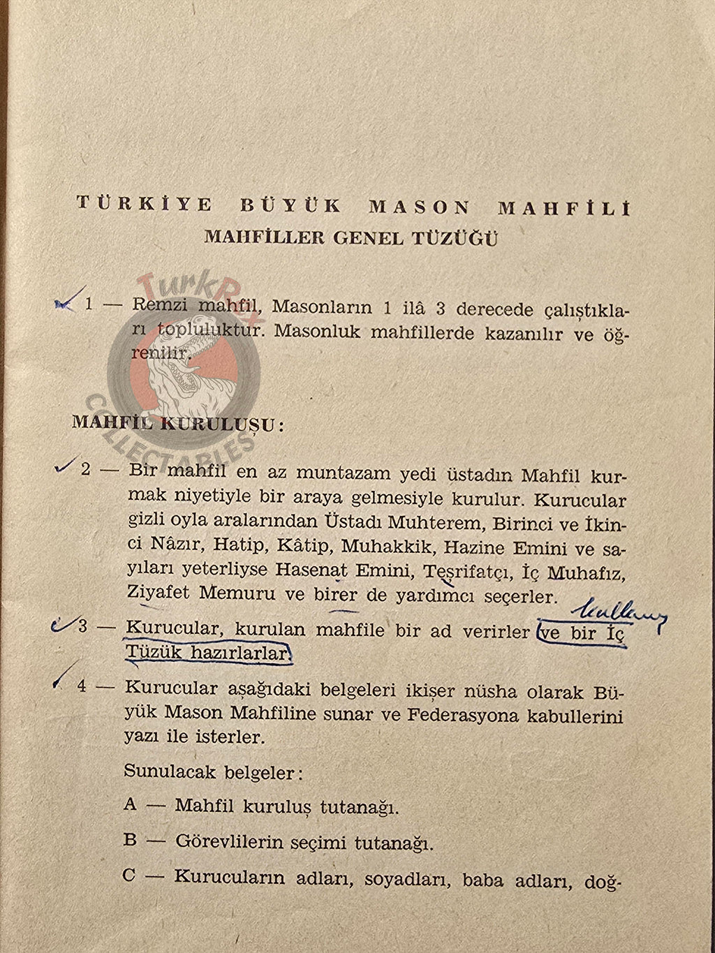 Turkish Freemasonry General Regulations of the Lodges 1958 Booklet Masonic Masons of Turkey