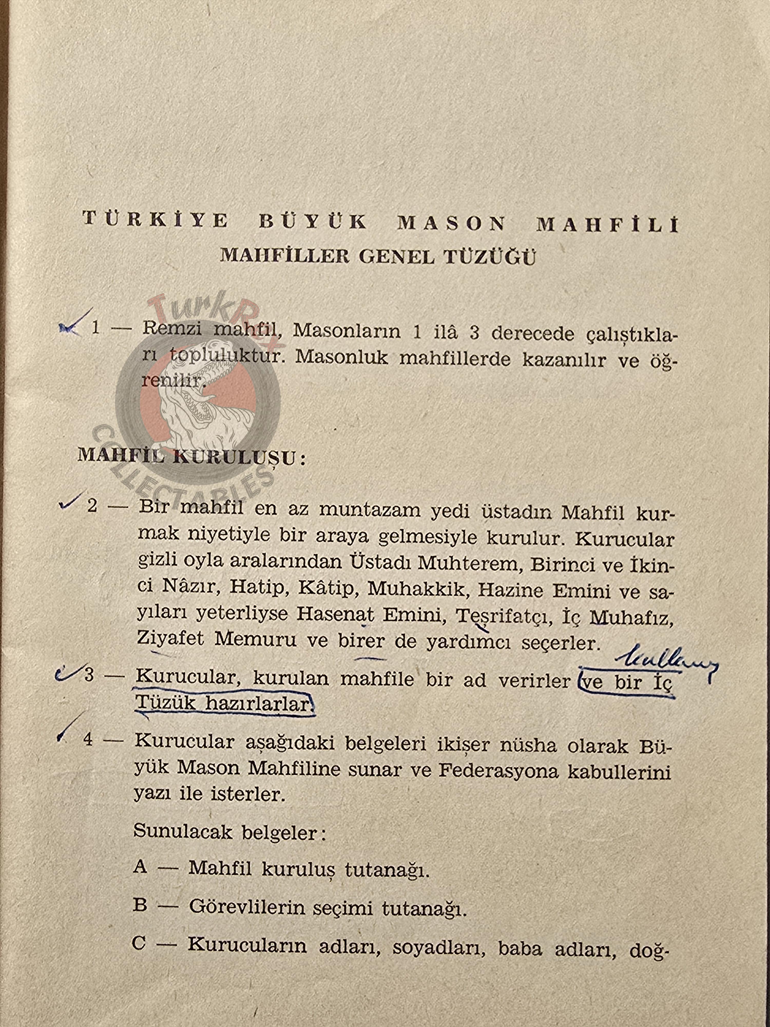 Turkish Freemasonry General Regulations of the Lodges 1958 Booklet Masonic Masons of Turkey