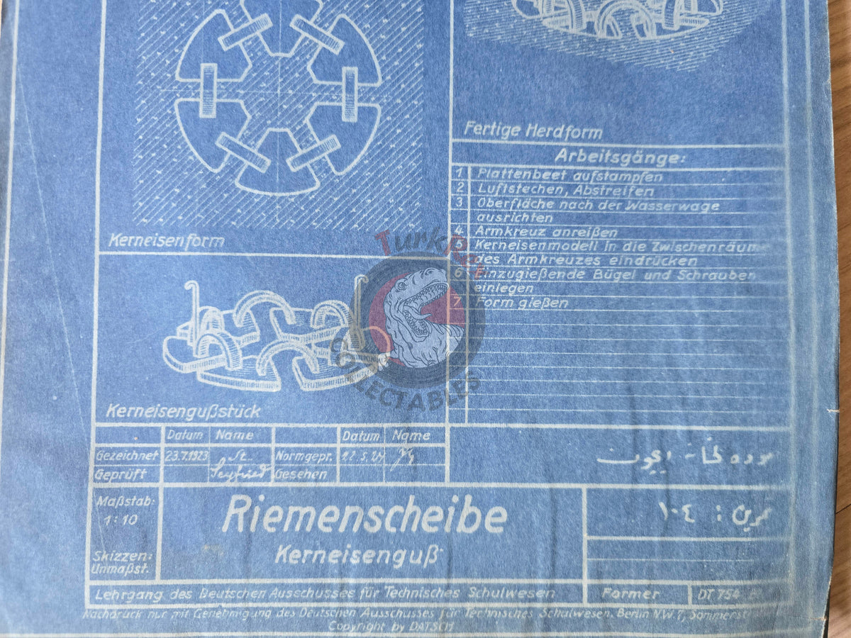 Ottoman German Technical Drawing Blueprint Pulley DATSCH 1920s