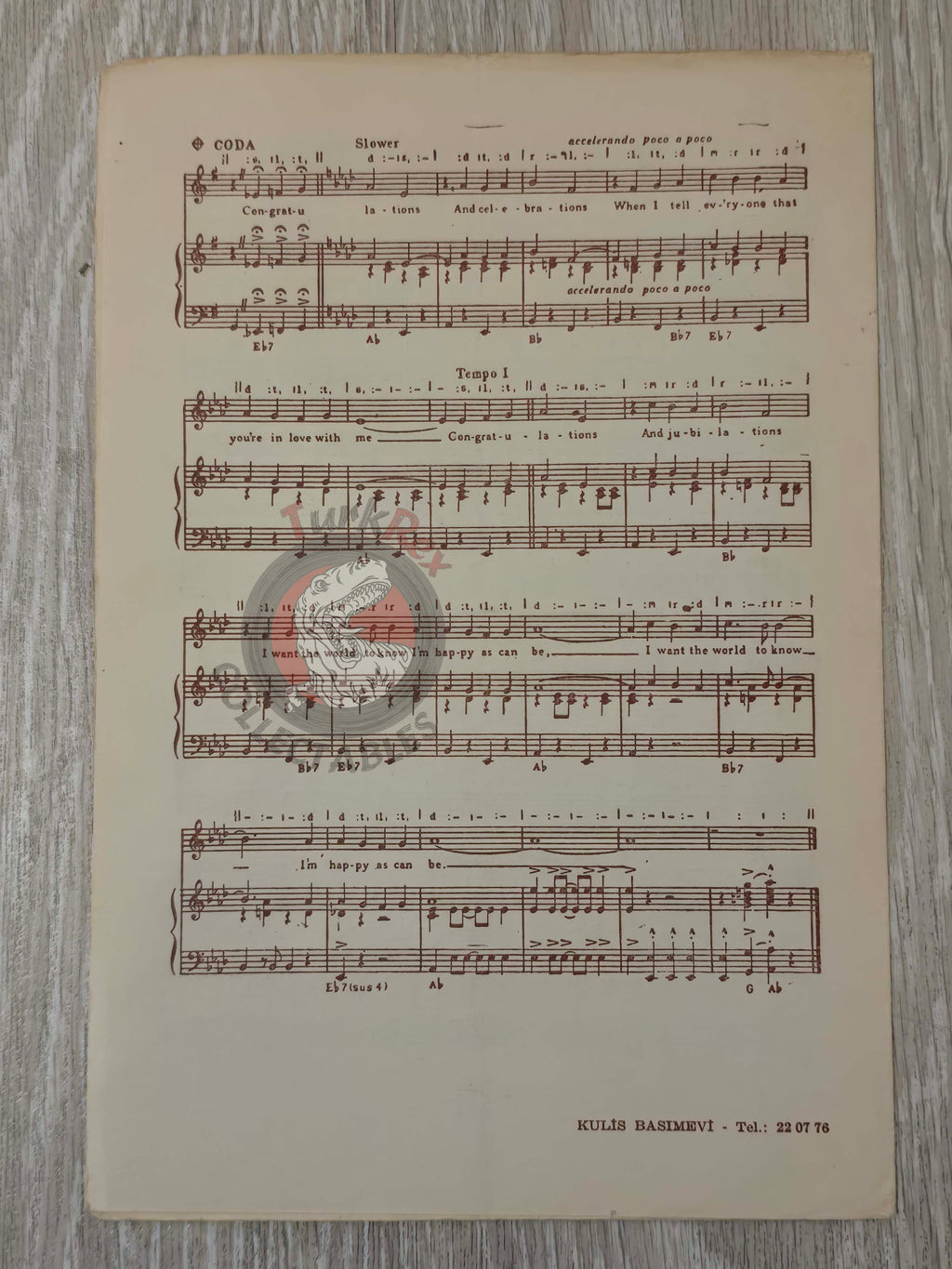 Cliff Richard – Congratulations Turkish Vintage Musical Notes Sheet Turkey The Shadows