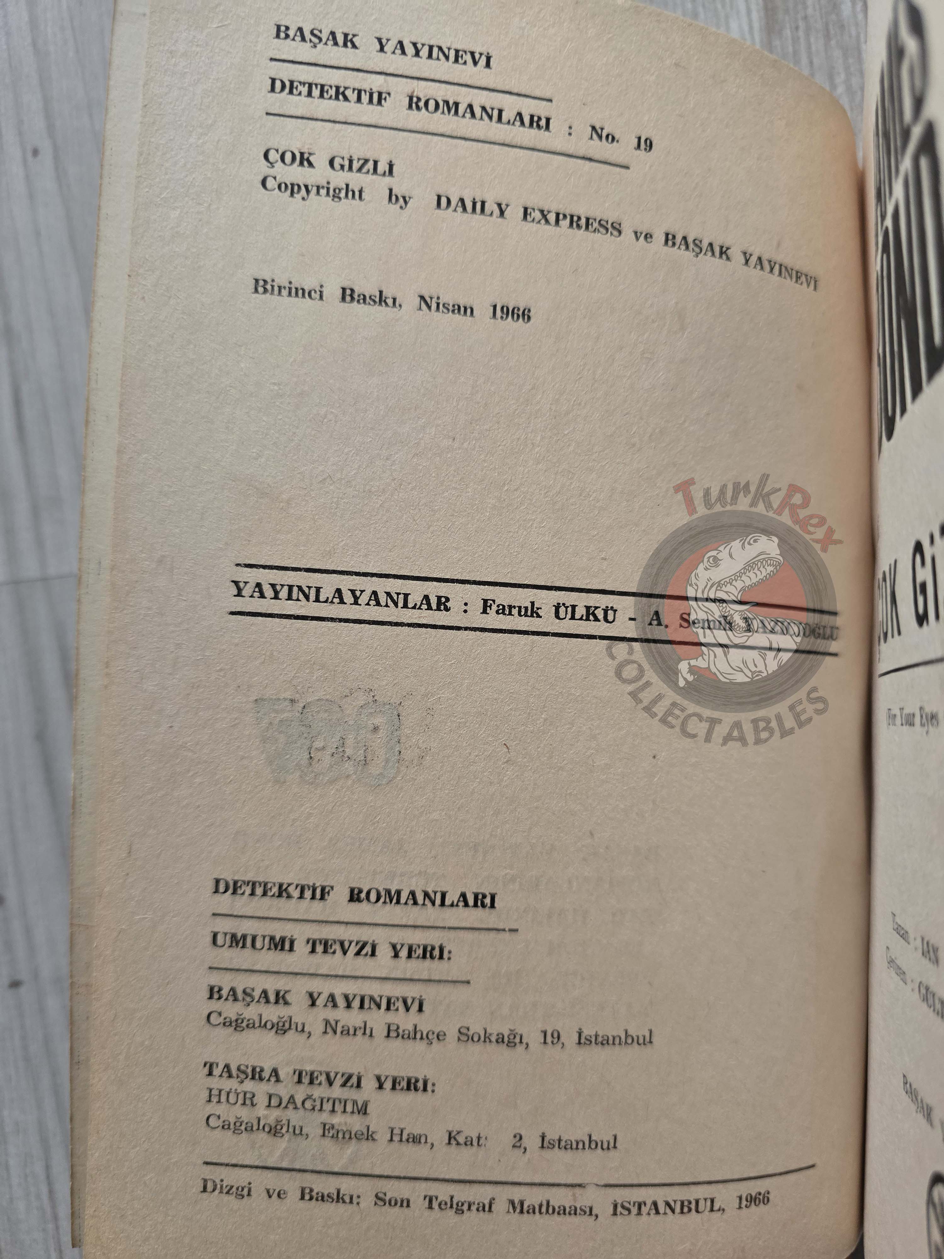 James Bond - For Your Eyes Only 1966 1st Turkish Book Turkey Ian Fleming