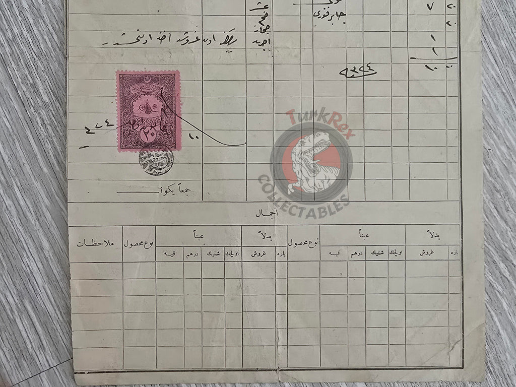 Ottoman 1908 Aşar Tax Receipt Amasya Merzifon Hejaz Railway Agricultural Tithe