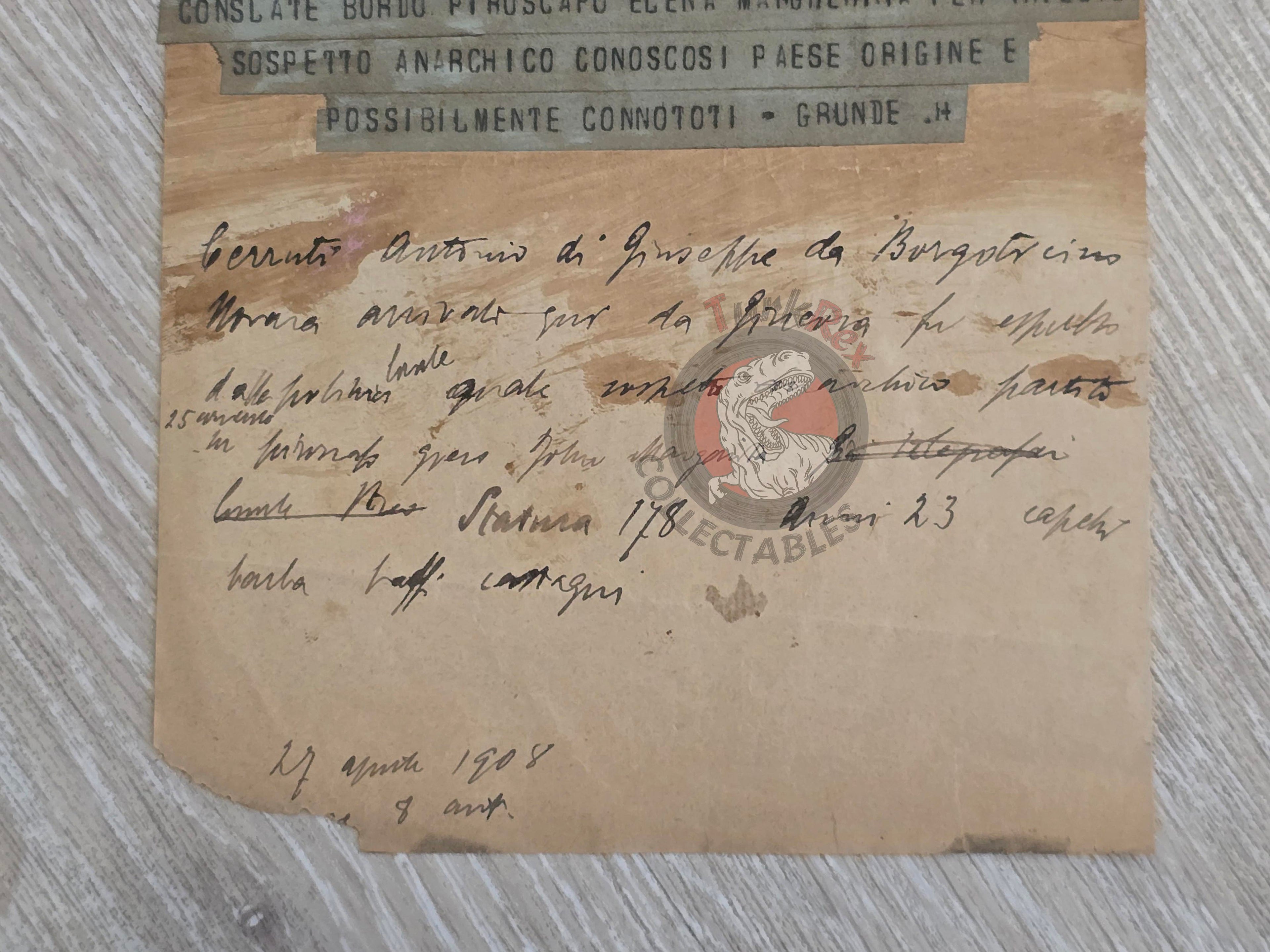 Ottoman 1908 Italian Consular Telegraph Concerning an Anarchist Suspect Corfu Antonio Gironi