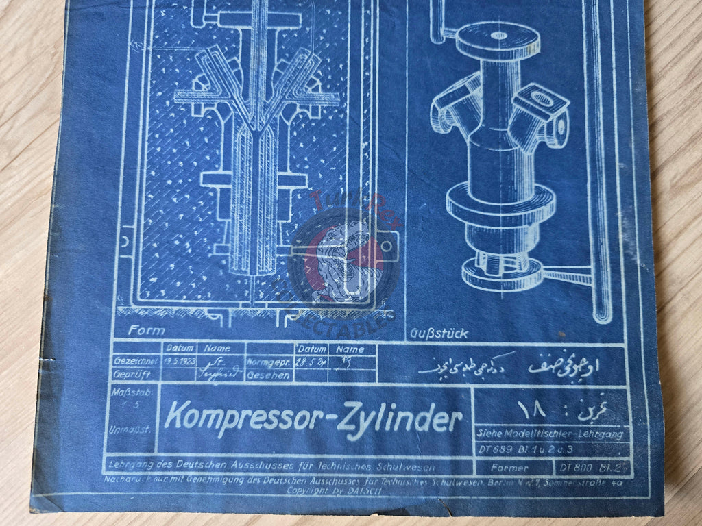 Ottoman German Technical Drawing Blueprint Compressor Cylinder DATSCH 1920s