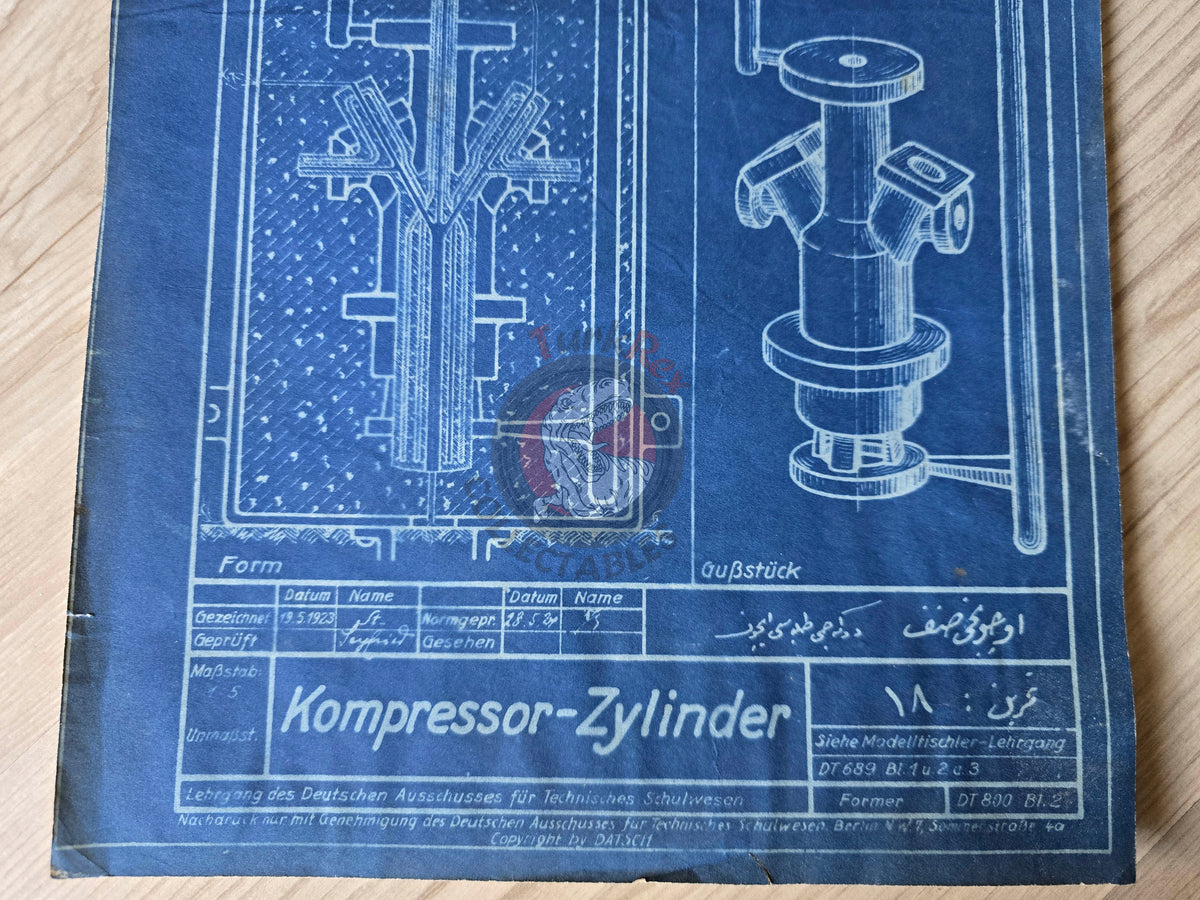 Ottoman German Technical Drawing Blueprint Compressor Cylinder DATSCH 1920s