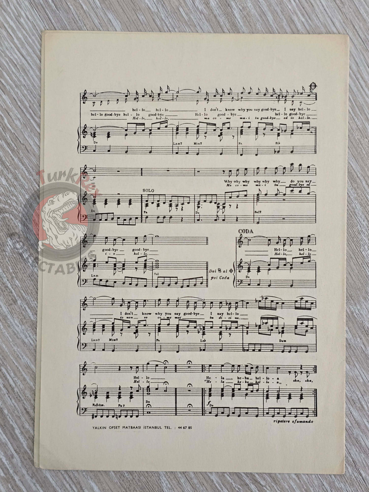 The Beatles – Hello, Goodbye Turkish Vintage Musical Notes Sheet Turkey