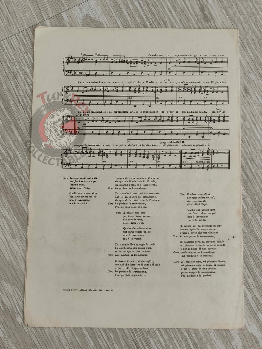 Antoine & Gianni Pettenati – La Tramontana Turkish Vintage Musical Notes Sheet Turkey Sanremo