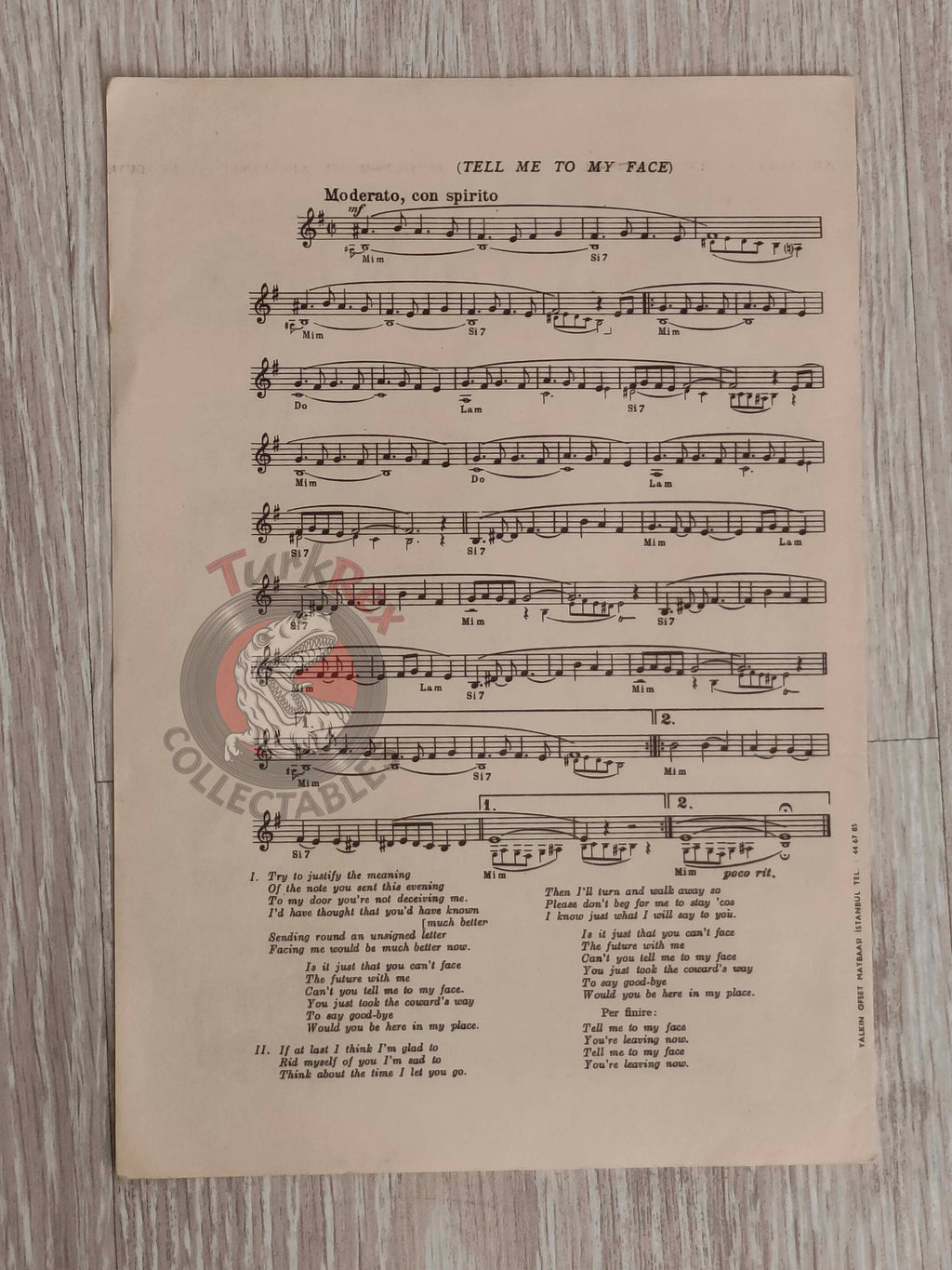 The Hollies – Tell Me to My Face Turkish Vintage Musical Notes Sheet Turkey