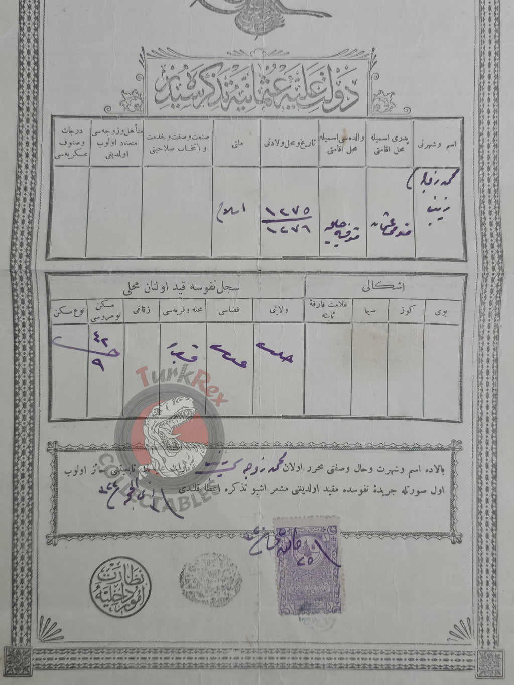 Ottoman Identity Document 1905 Gaziantep Muslim Female Citizen Zeynep