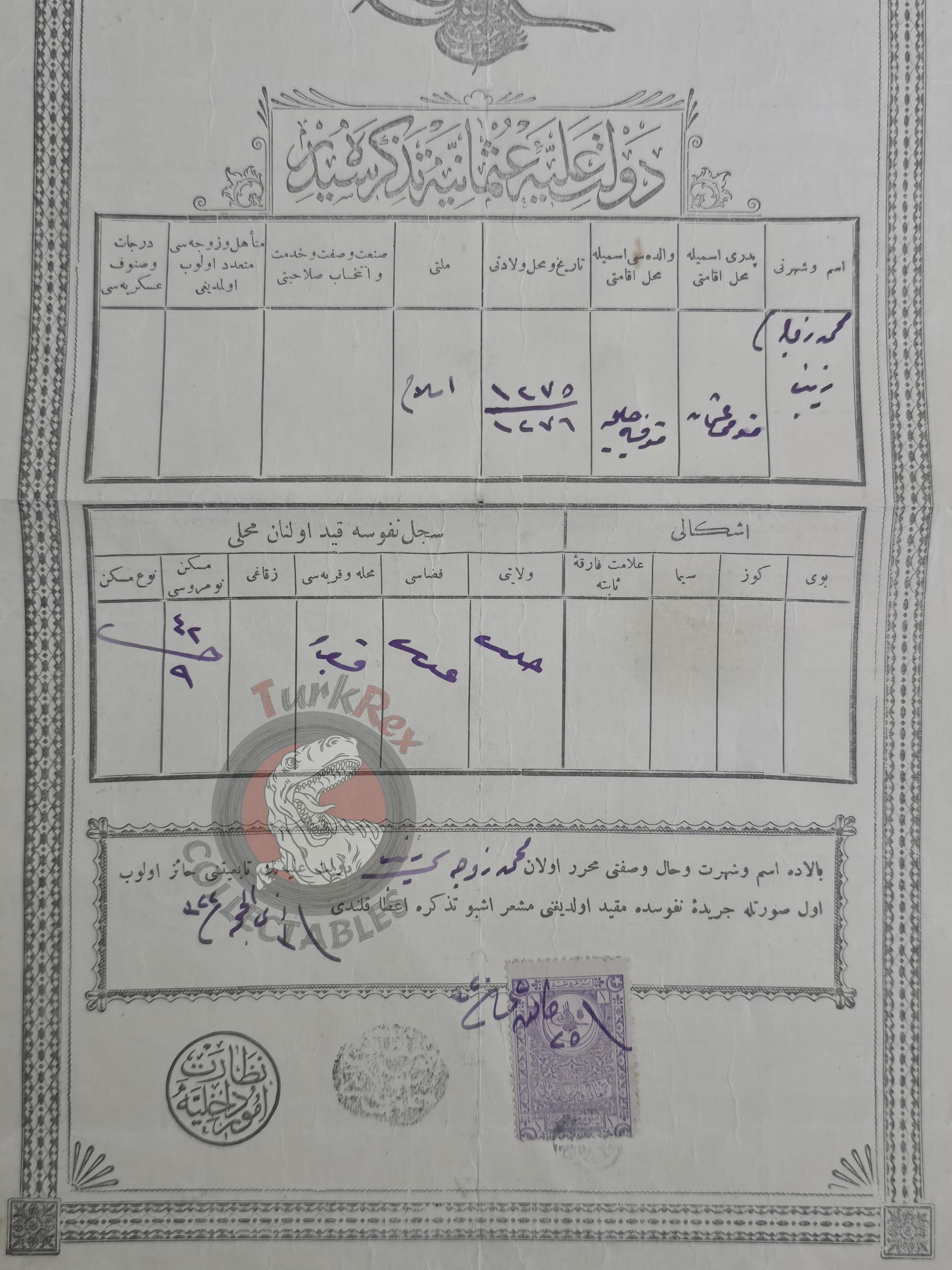 Ottoman Identity Document 1905 Gaziantep Muslim Female Citizen Zeynep