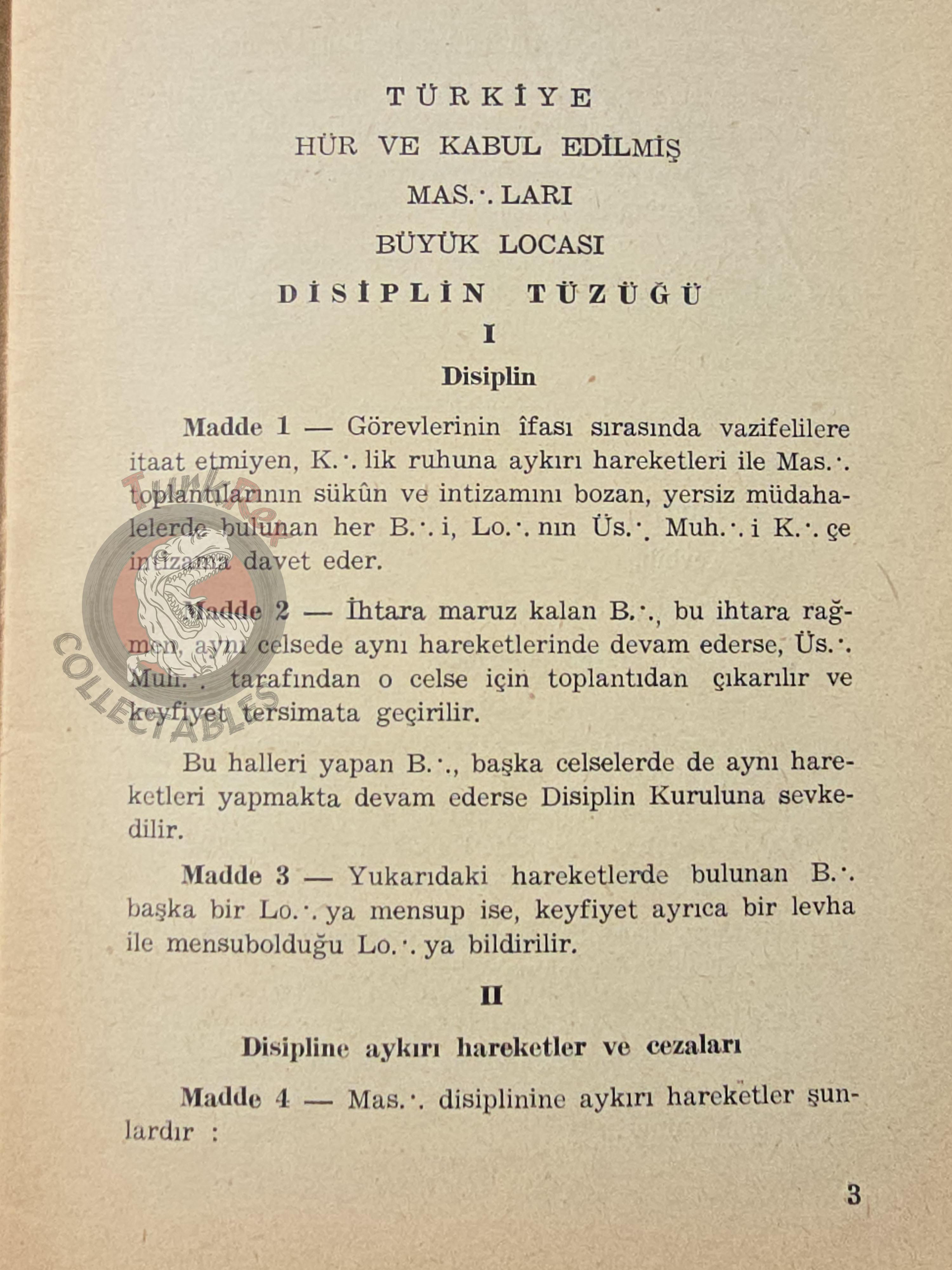 Turkish Freemasonry Disciplinary Code 1962 Booklet Masonic Masons of Turkey Signed