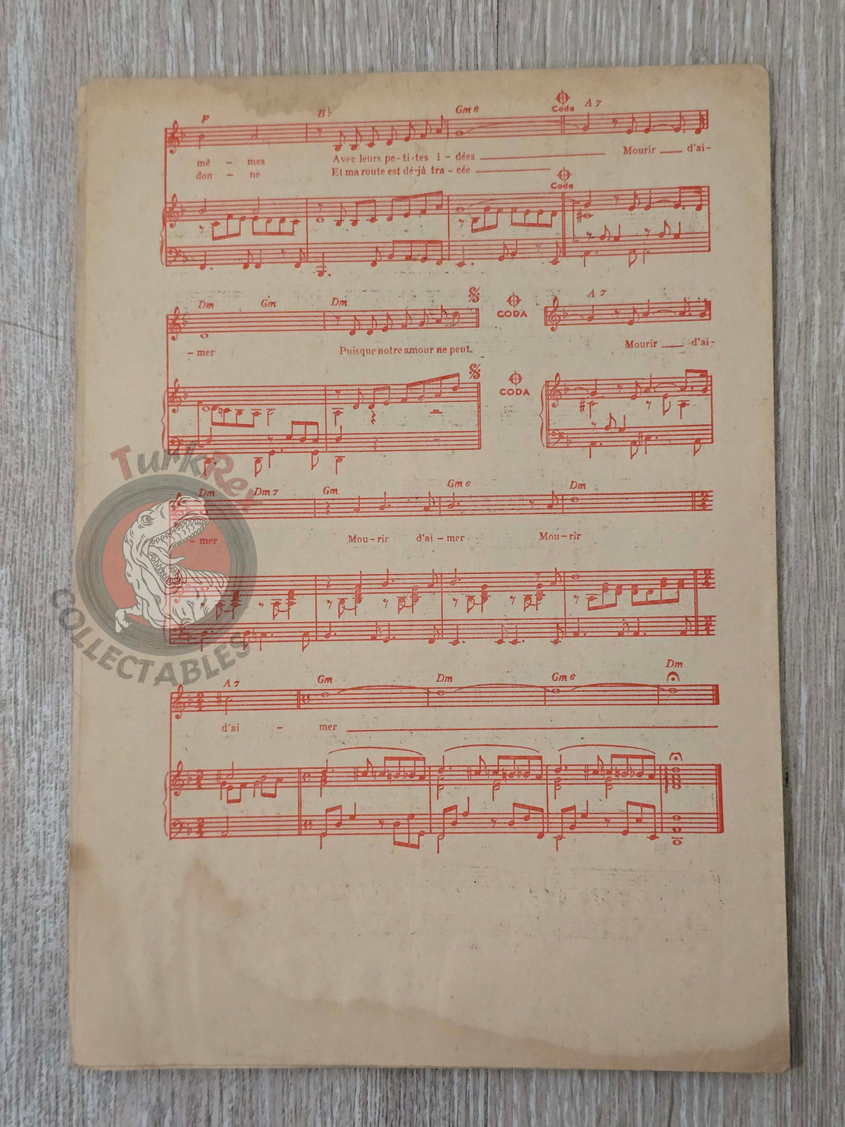 Charles Aznavour – Mourir d’Aimer Turkish Vintage Musical Notes Sheet Turkey