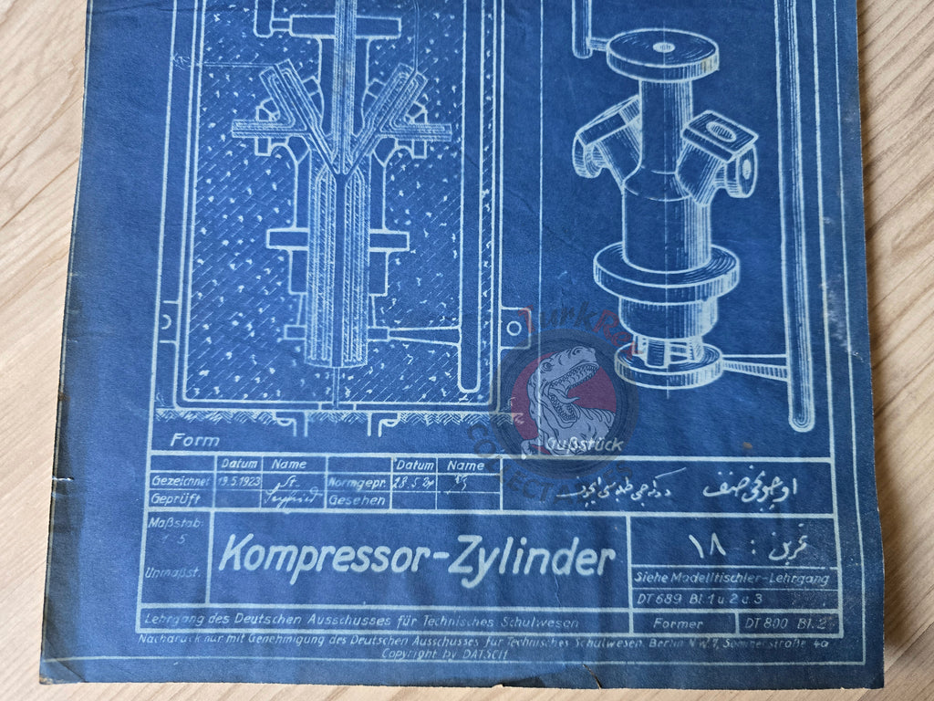 Ottoman German Technical Drawing Blueprint Compressor Cylinder DATSCH 1920s