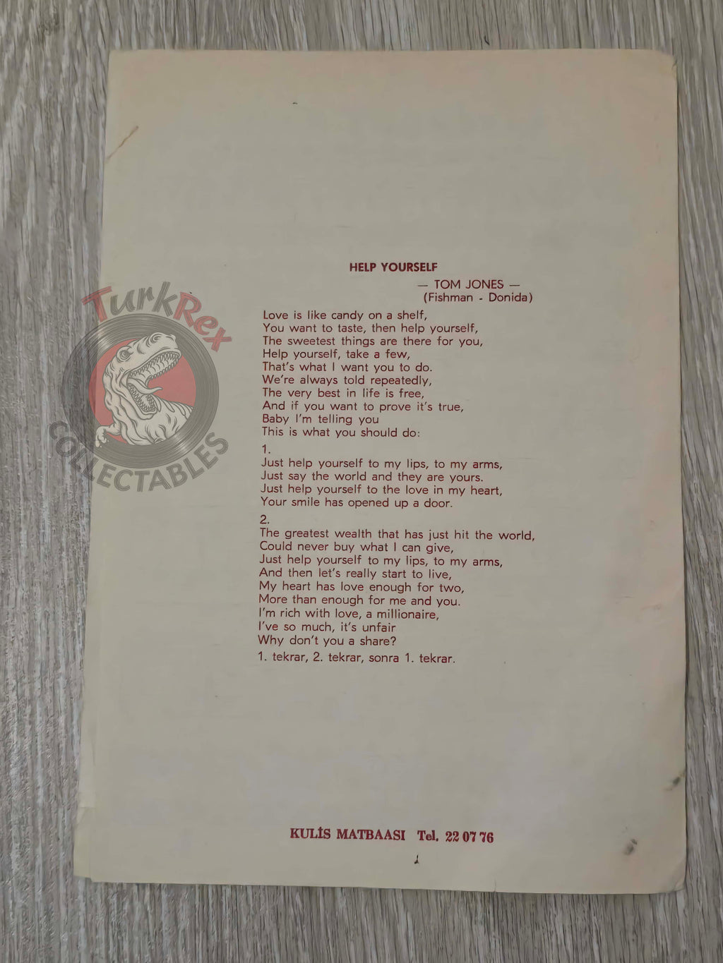 Tom Jones – Help Yourself Turkish Vintage Musical Notes Sheet Turkey