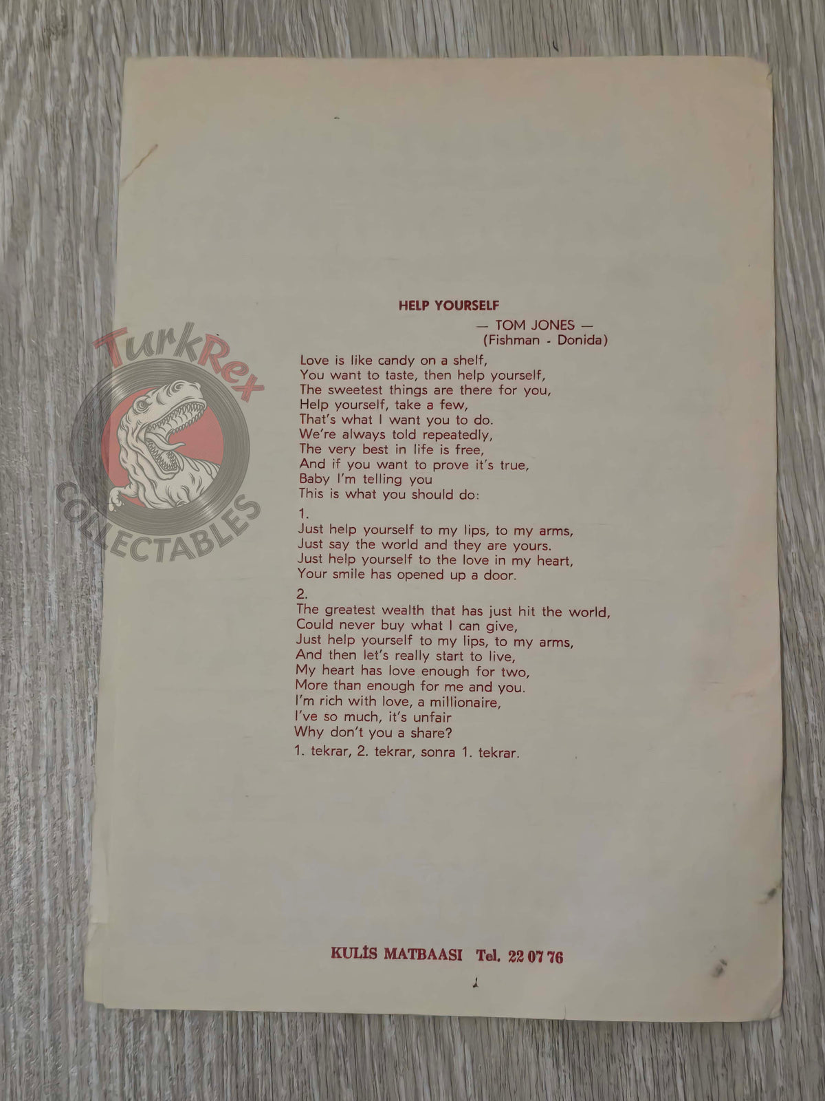 Tom Jones – Help Yourself Turkish Vintage Musical Notes Sheet Turkey