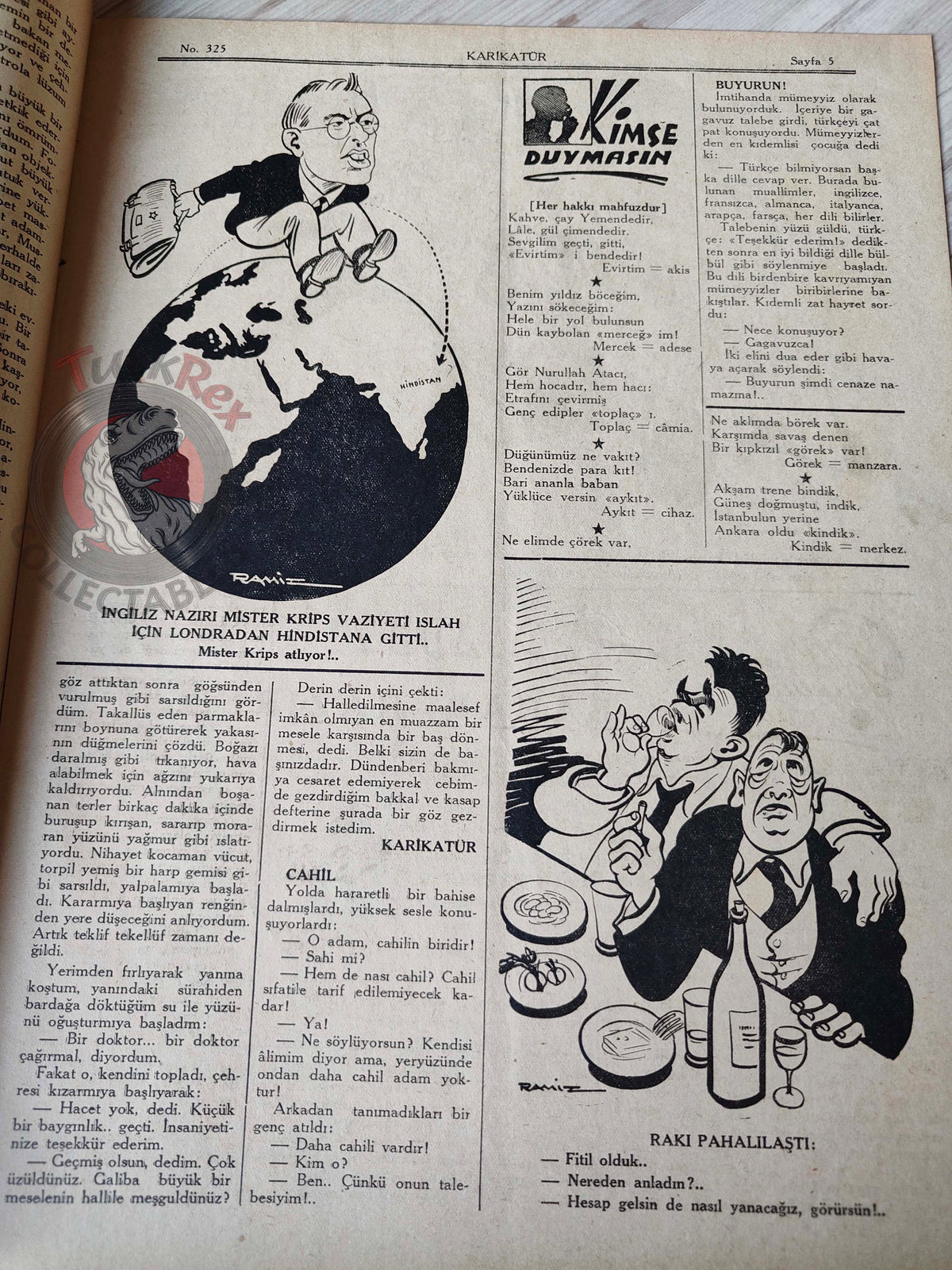 Karikatür 1942 Humor Magazine Turkish Turkey Mahatma Gandhi India WW2 era Churchill Roosevelt